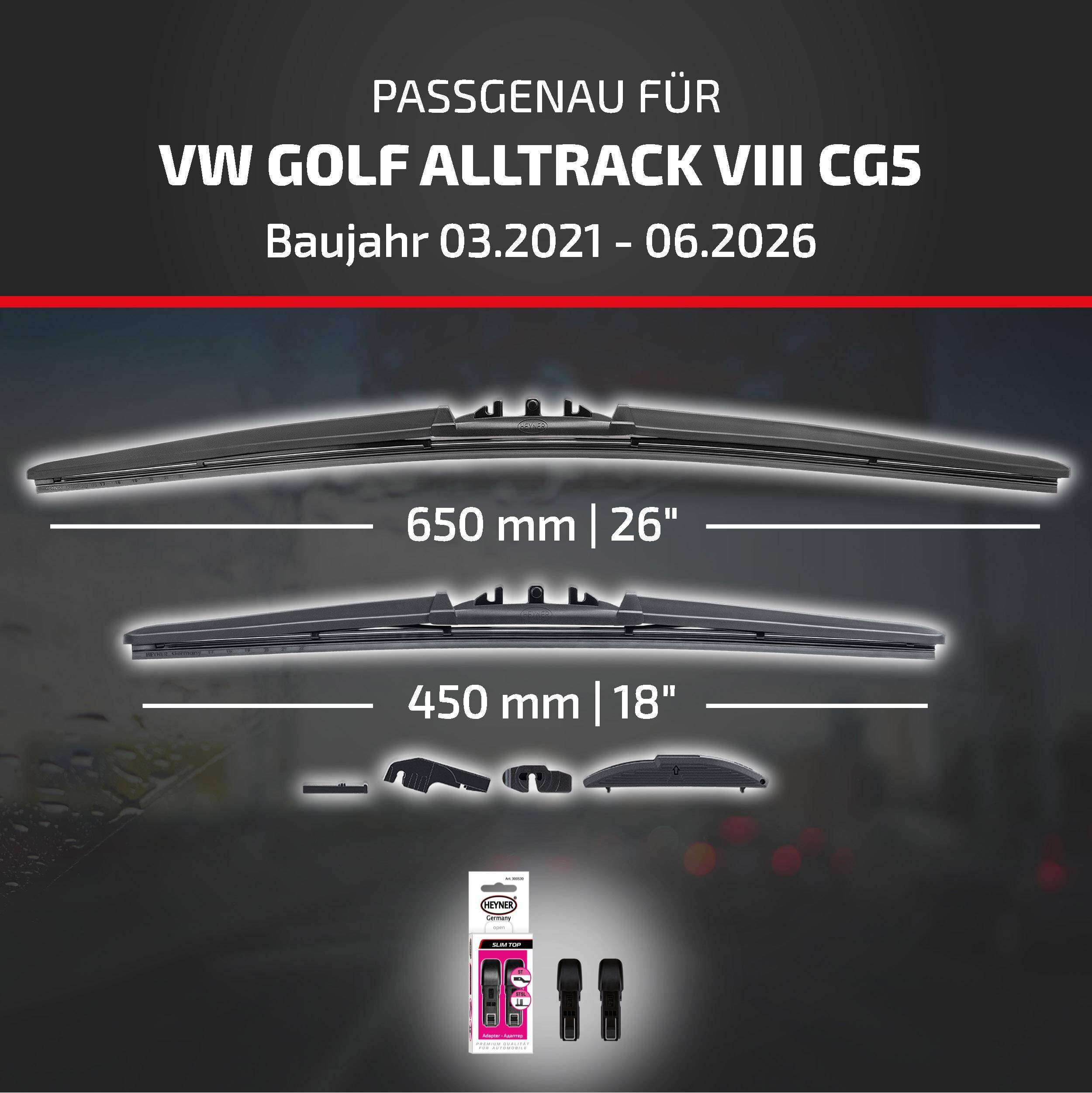 Kompatibilitätstabelle für VW Golf Alltrack VIII CG5, Modelljahre 03.2021-06.2026, mit Scheibenwischergröße 650 mm (26