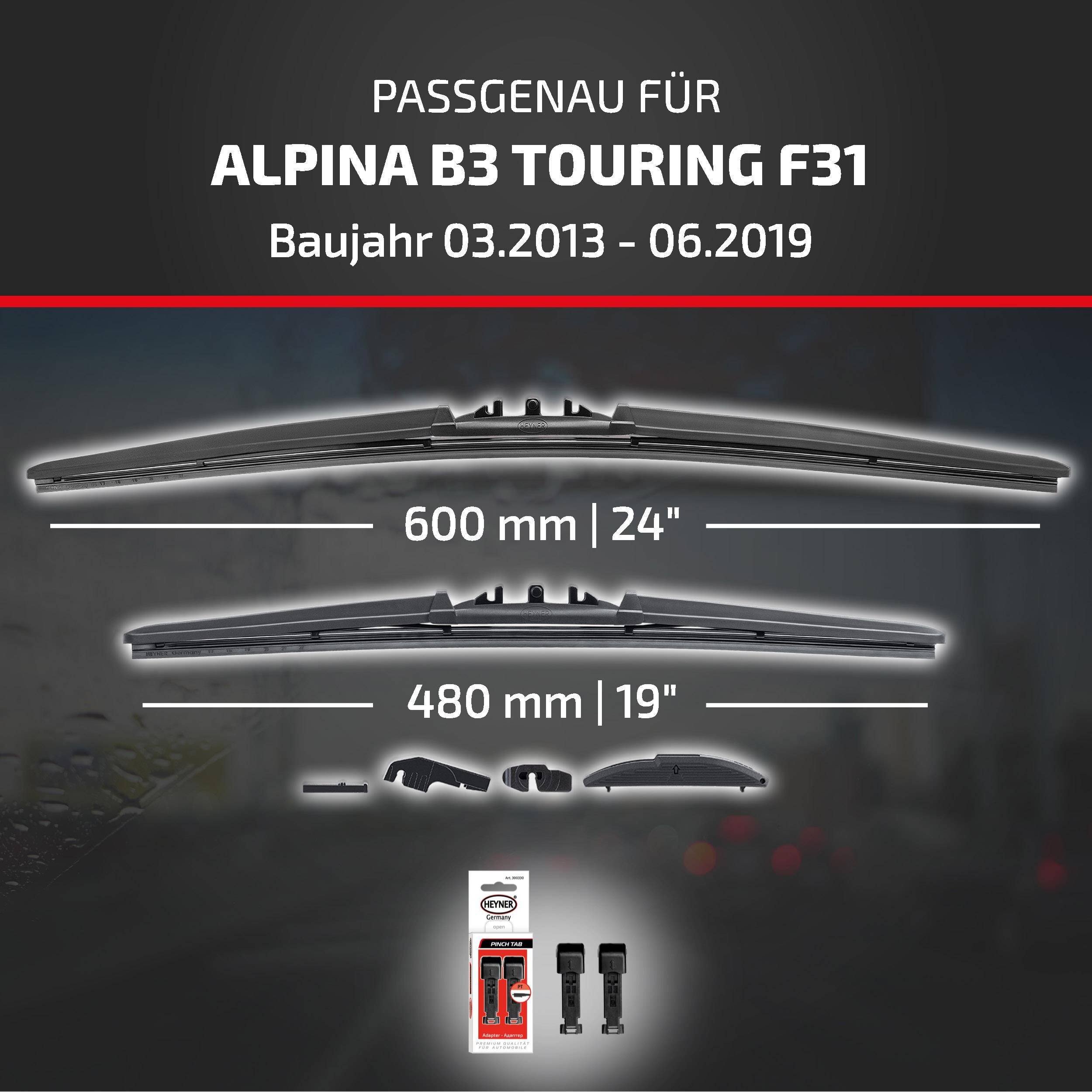Kompatibilitätsgrafik für ALPINA B3 Touring F31 (03/2013–06/2019) mit Scheibenwischern in den Größen 600 mm und 480 mm sowie Adapterteilen.