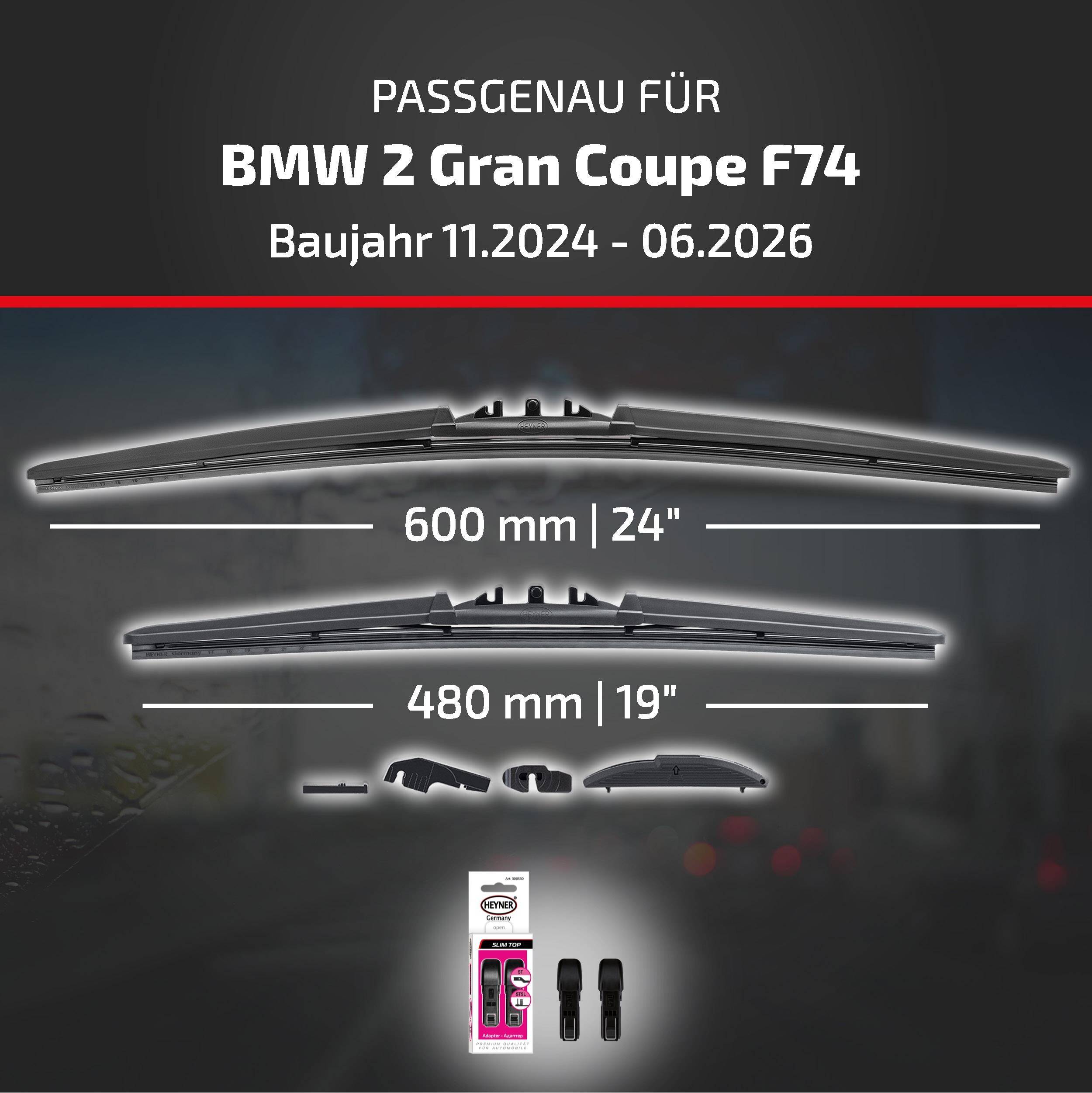 Produktgrafik mit Wischblättern für BMW 2 Gran Coupe F74, Passform 11/2024-06/2026; Größen 600 mm (24