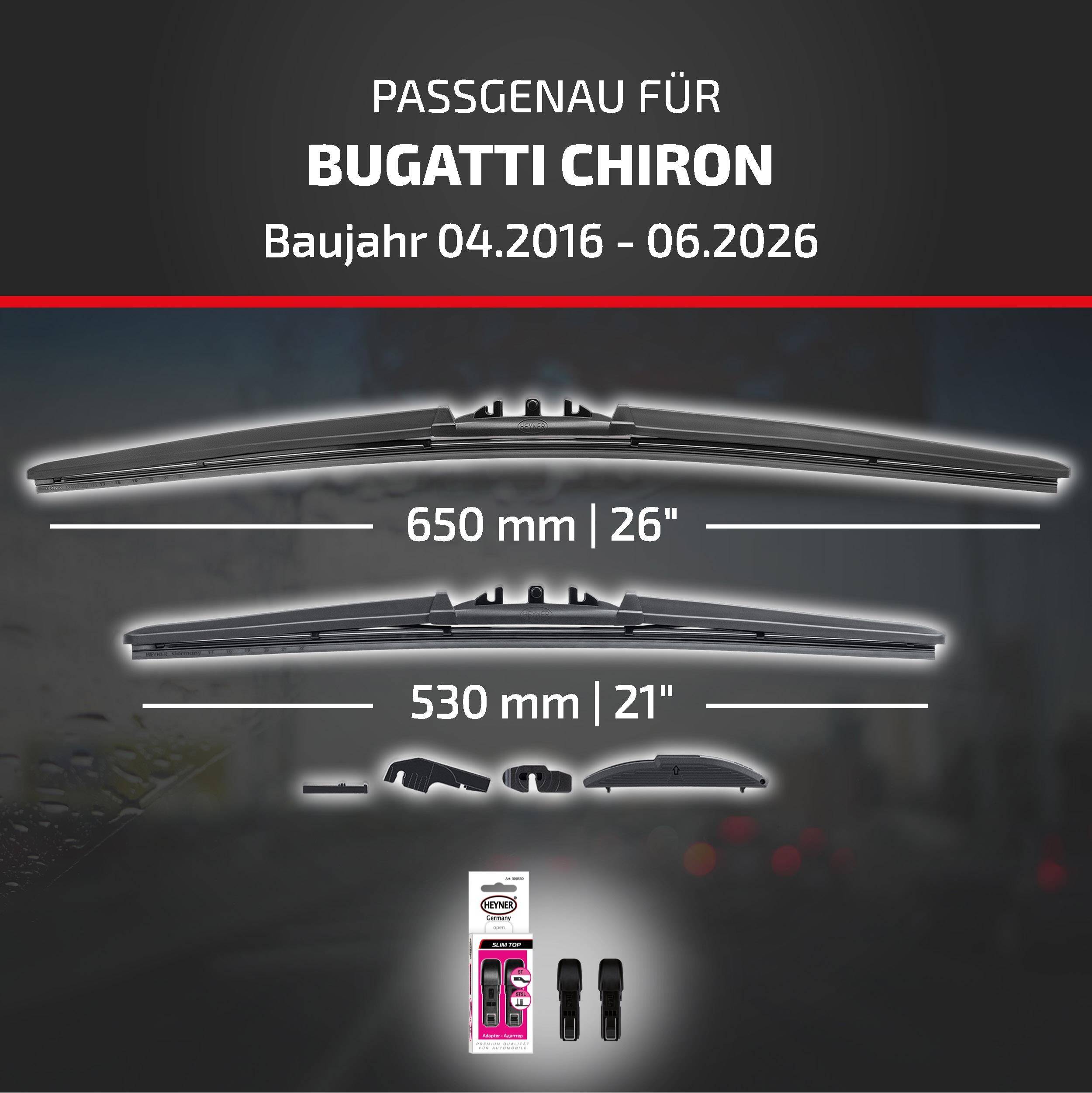 Wischer-Blatt-Kompatibilitätsgrafik für Bugatti Chiron, Modelljahre 04.2016–06.2026, mit Wischblattlängen von 650 mm (26