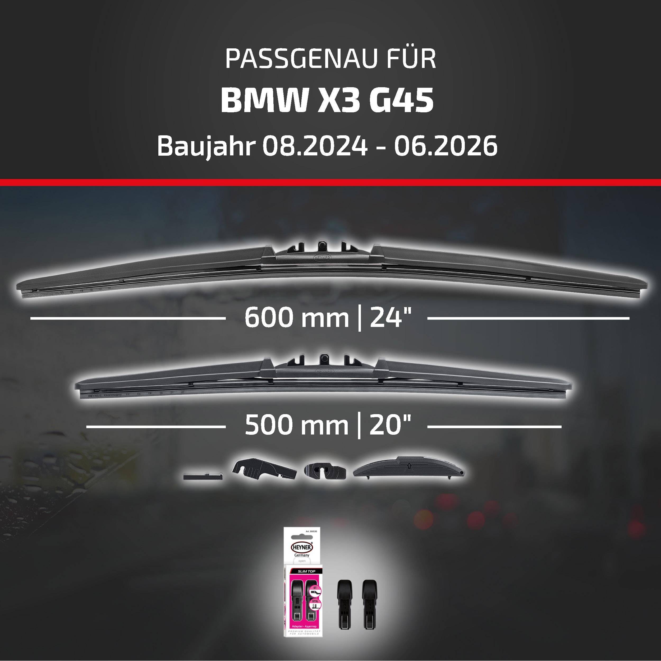 Kompatibilitätsgrafik für BMW X3 G45 (Modelljahr 08.2024-06.2026), zeigt Scheibenwischer in den Größen 600 mm (24 Zoll) und 500 mm (20 Zoll), plus enthaltene Adaptierteile.
