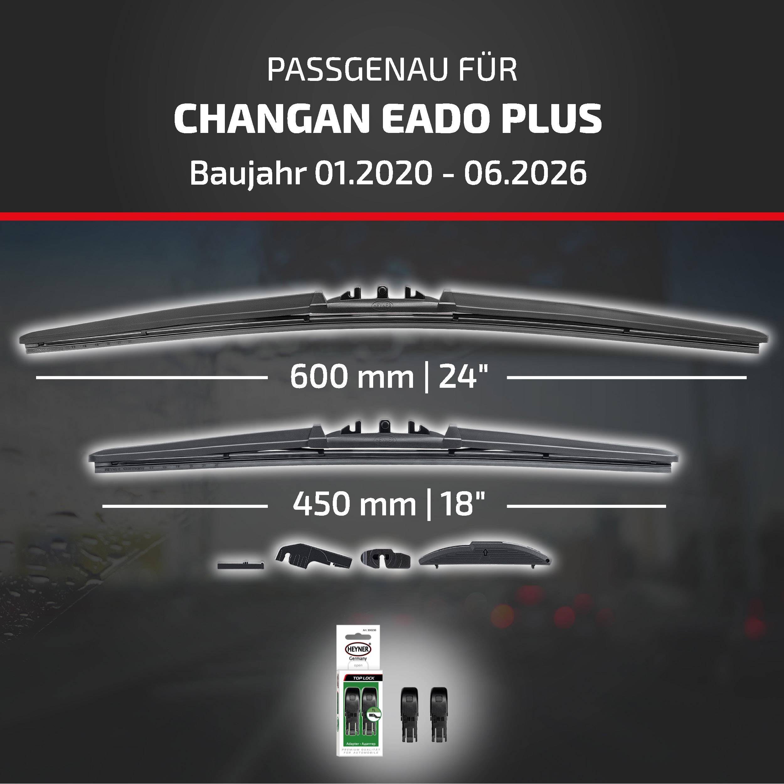 Kompatibilitätsgrafik für Changan Eado Plus (Baujahr 01.2020-06.2026), zeigt Wischergröße 600 mm/24 Zoll und 450 mm/18 Zoll mit Adapterpaket.