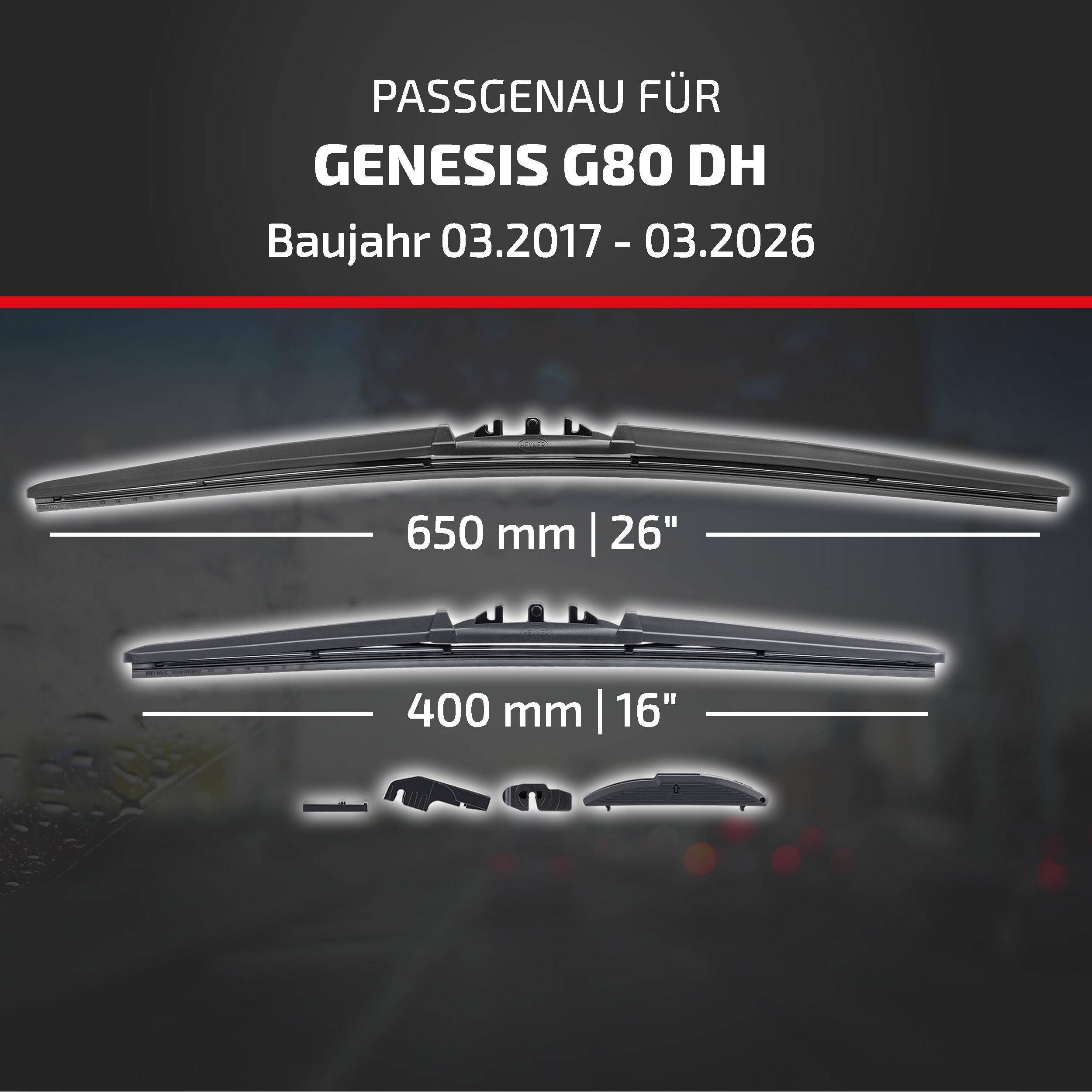 Grafik zur Scheibenwischer-Montage für Genesis G80 DH, Modelljahre 03.2017–03.2026, mit Größen 650 mm (26
