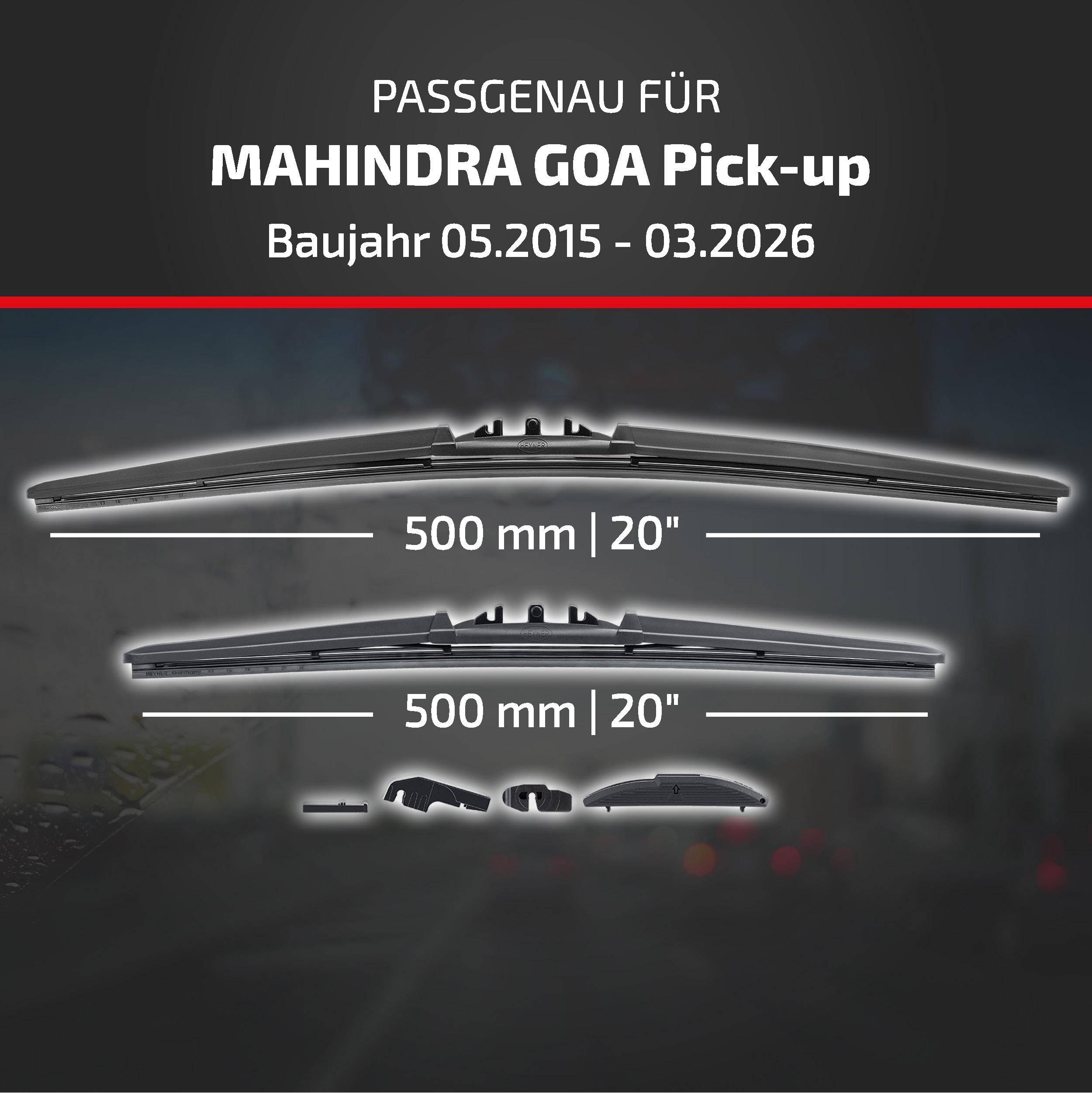Wischerblatt-Kompatibilitätsgrafik für Mahindra GOA Pick-up, Modelljahre 05.2015-03.2026, mit 500 mm/20-Zoll-Blättern in zwei Größen.