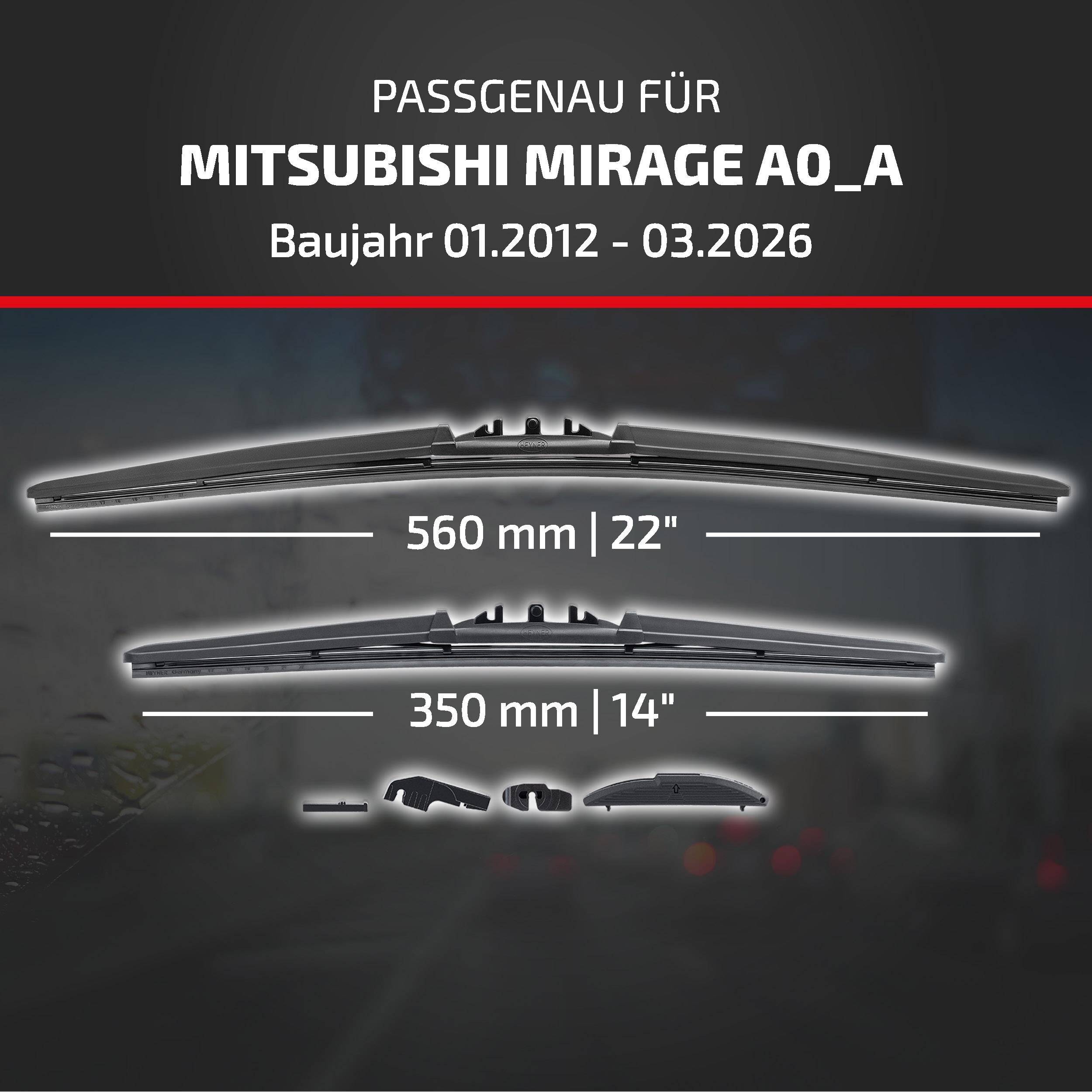 HEYNER® Scheibenwischer für MITSUBISHI MIRAGE 01.2012 - 08.2026, HYBRID Flachbalkenwischer,