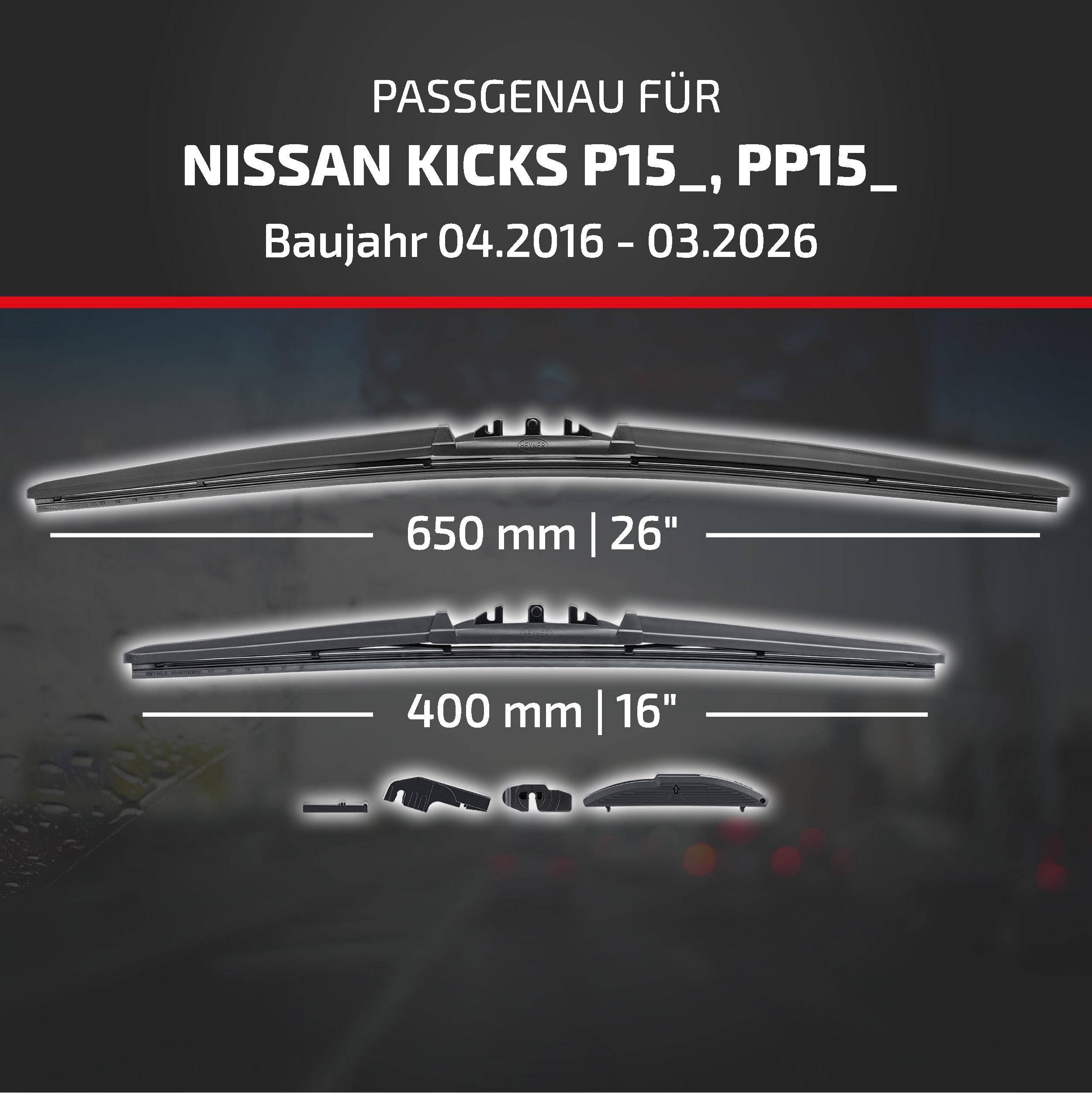 HEYNER® Scheibenwischer für NISSAN KICKS 04.2016 - 08.2026, HYBRID Flachbalkenwischer,
