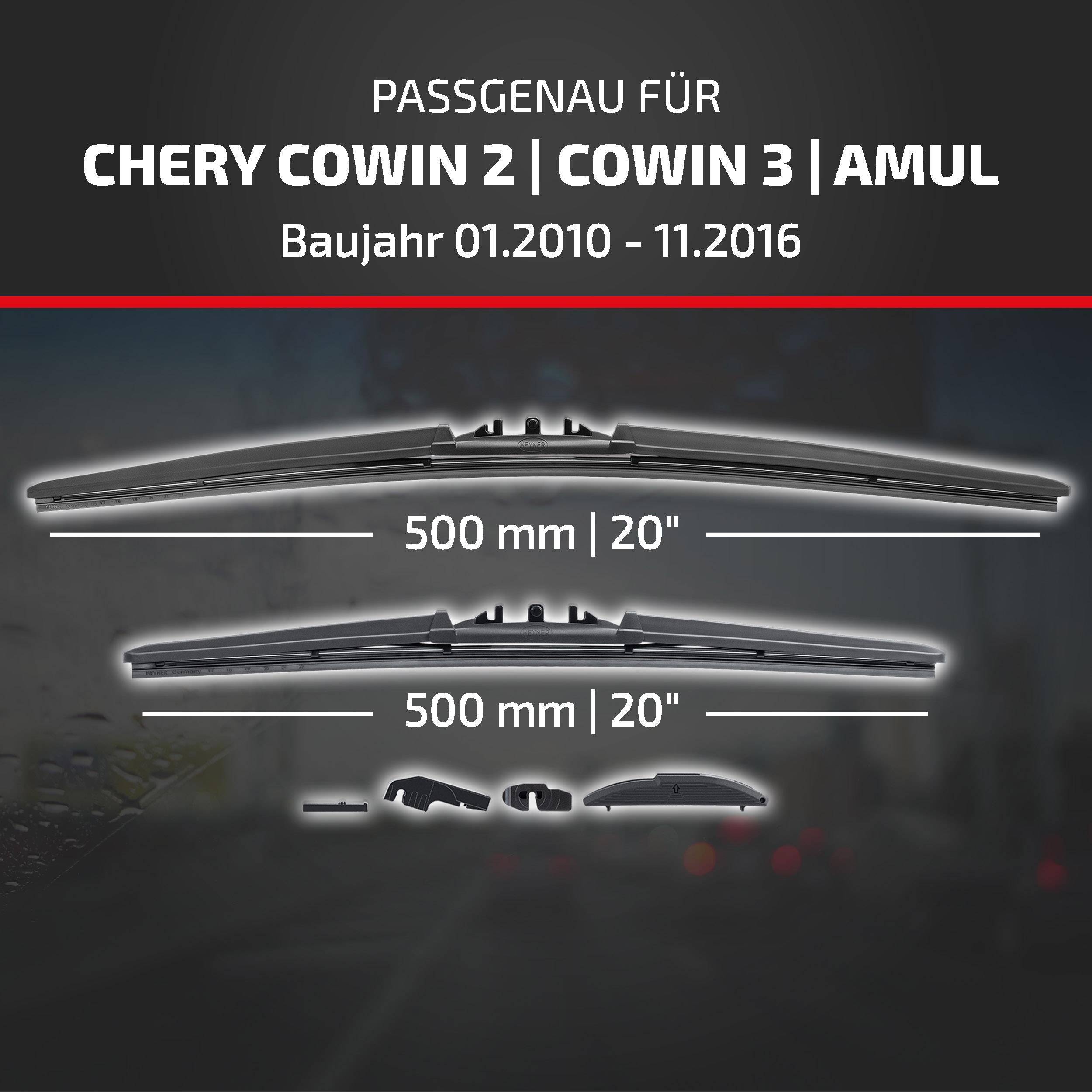 HEYNER® Scheibenwischer für CHERY COWIN 2 | COWIN 3 | AMULET II 01.2010 - 11.2016, HYBRID Flachbalkenwischer,