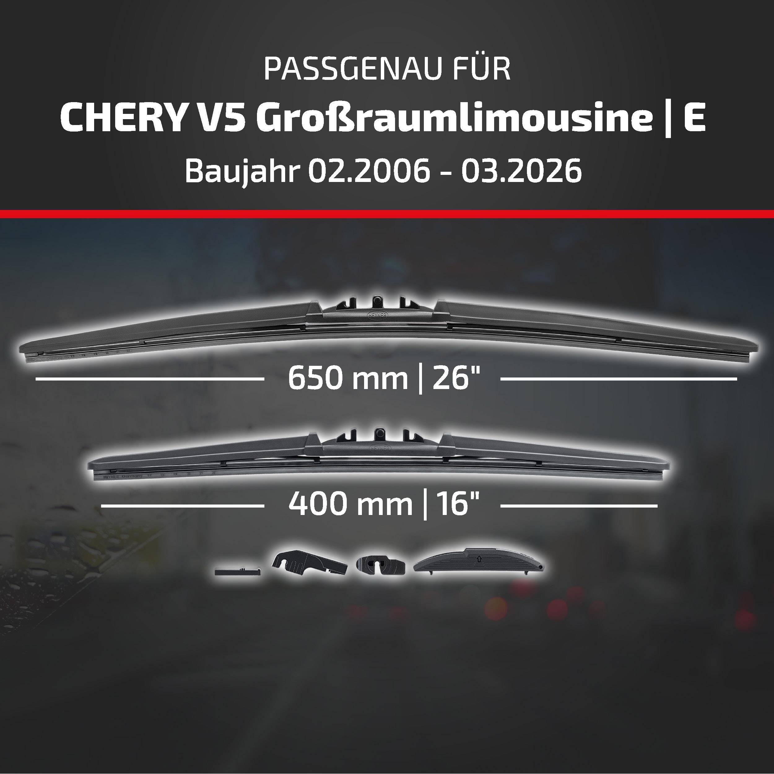 HEYNER® Scheibenwischer für CHERY V5 Großraumlimousine | EASTAR 02.2006 - 08.2026, HYBRID Flachbalkenwischer,