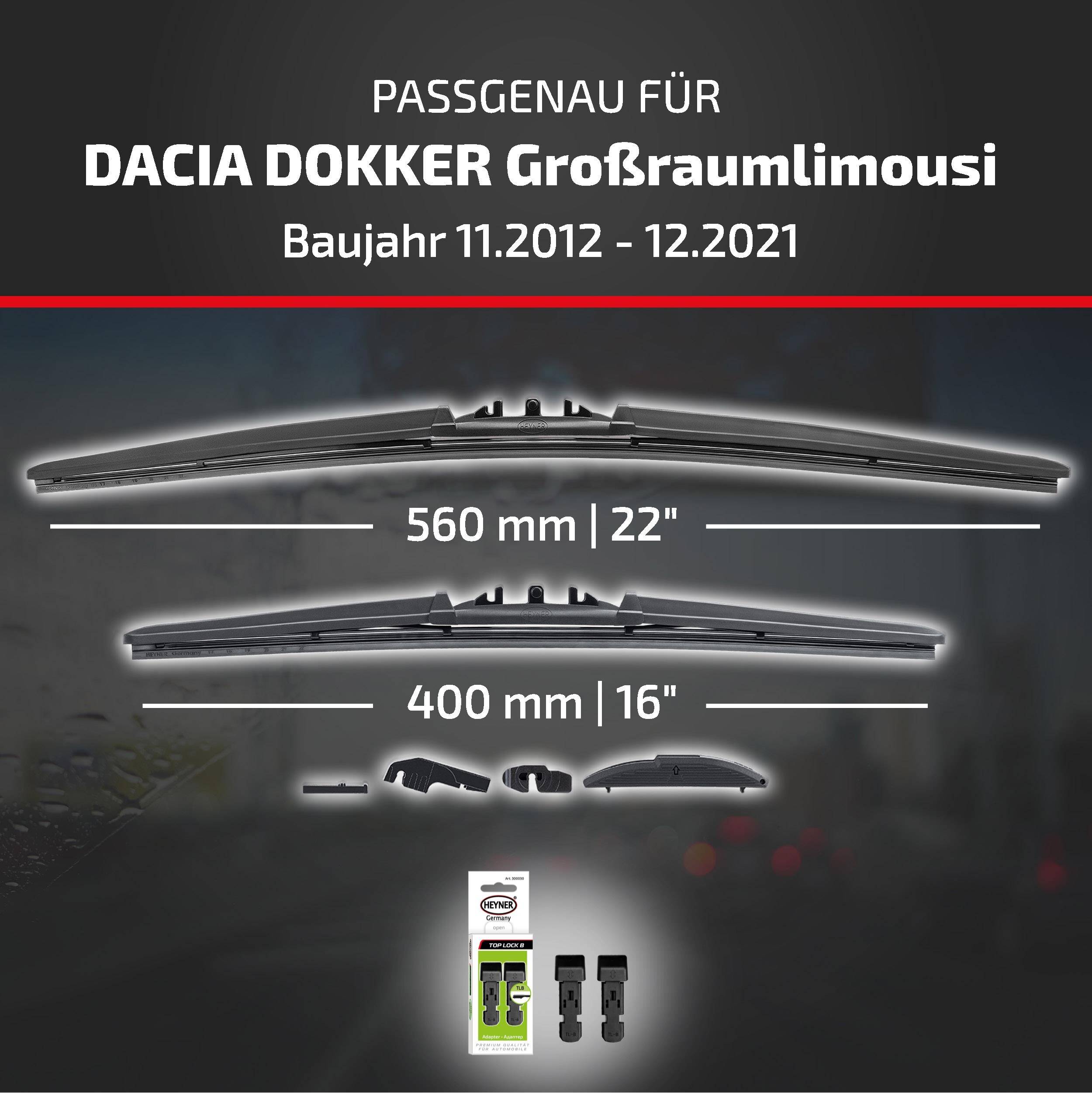 Angebot: Scheibenwischerblätter für Dacia Dokker Großraumlimousine, passend für 11/2012–12/2021; Größen 560 mm (22