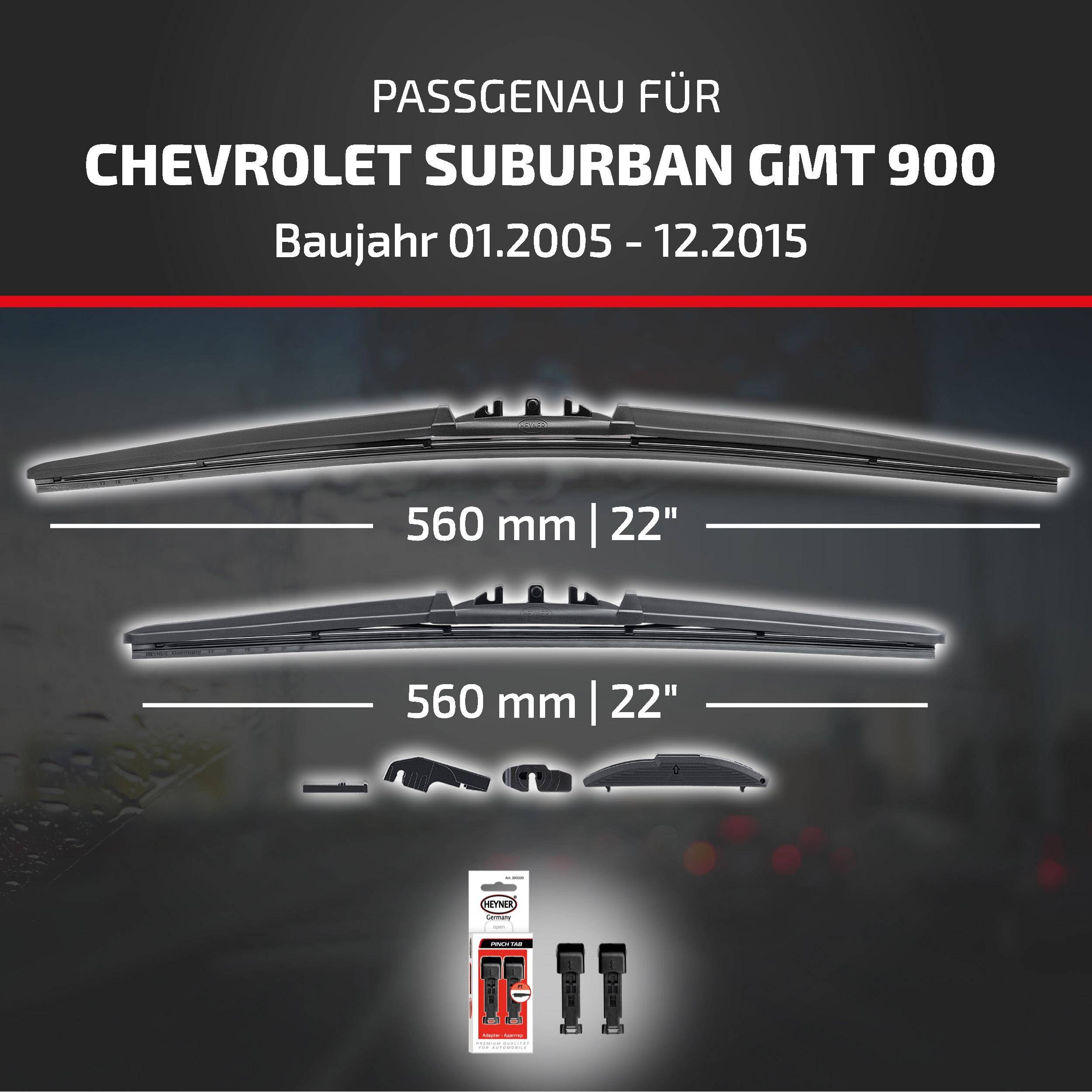 Bild mit Werbung für Scheibenwischerblätter für das Modell 'Chevrolet Suburban GMT 900' Baujahre 01.2005–12.2015, zeigt zwei 560 mm/22