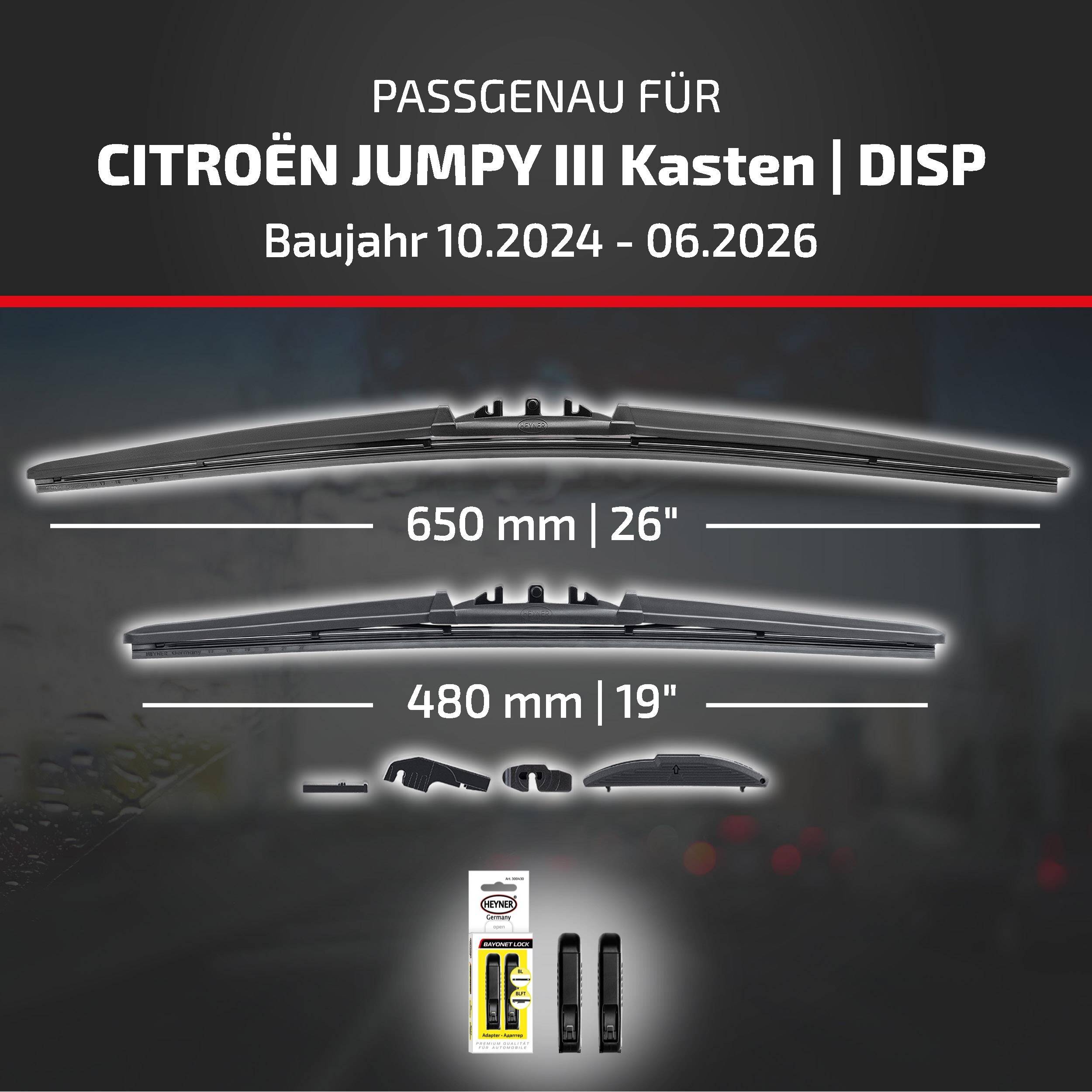Grafik zeigt kompatible Scheibenwischerblätter für Citroën Jumpy III Kastenwagen, Modelljahre 10/2024-06/2026, Größen 650 mm und 480 mm, mit enthaltenem Adapterset.