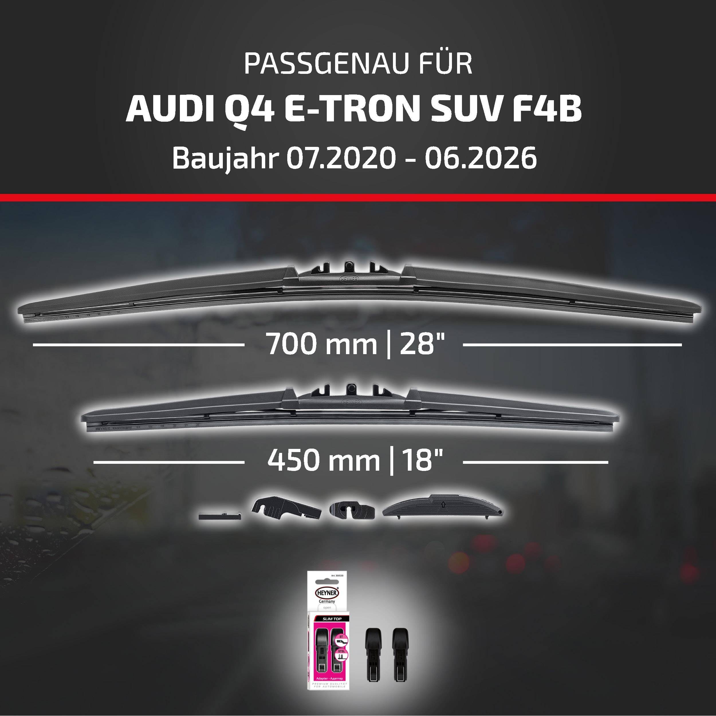Kompatibilitätsdiagramm für Audi Q4 e-tron SUV F4B, Modelljahre 07/2020-06/2026, zeigt 700 mm und 450 mm Wischerblattgrößen und enthaltenes Adapterpaket.