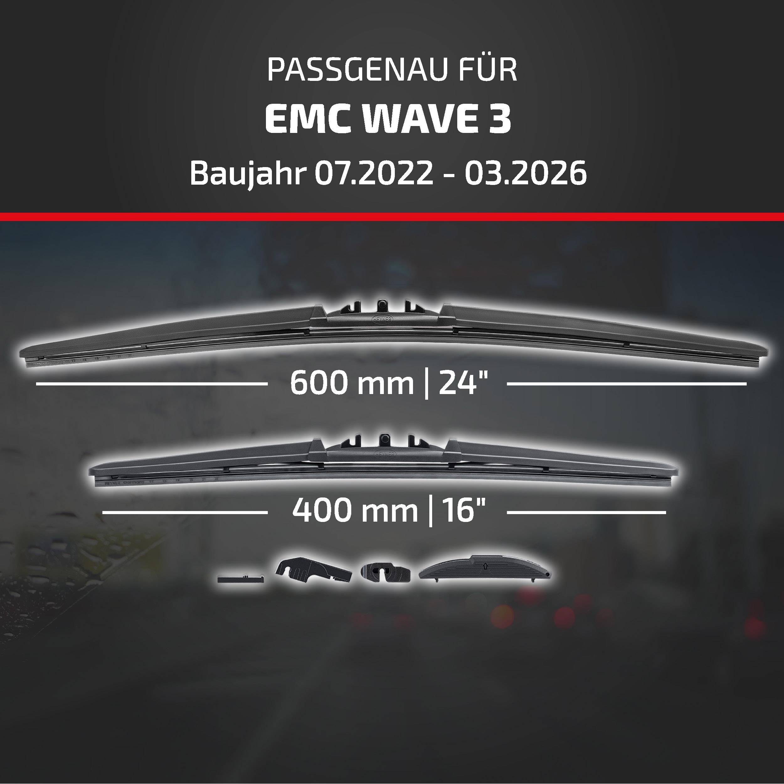 HEYNER® Scheibenwischer für EMC WAVE 3 07.2022 - 08.2026, HYBRID Flachbalkenwischer,