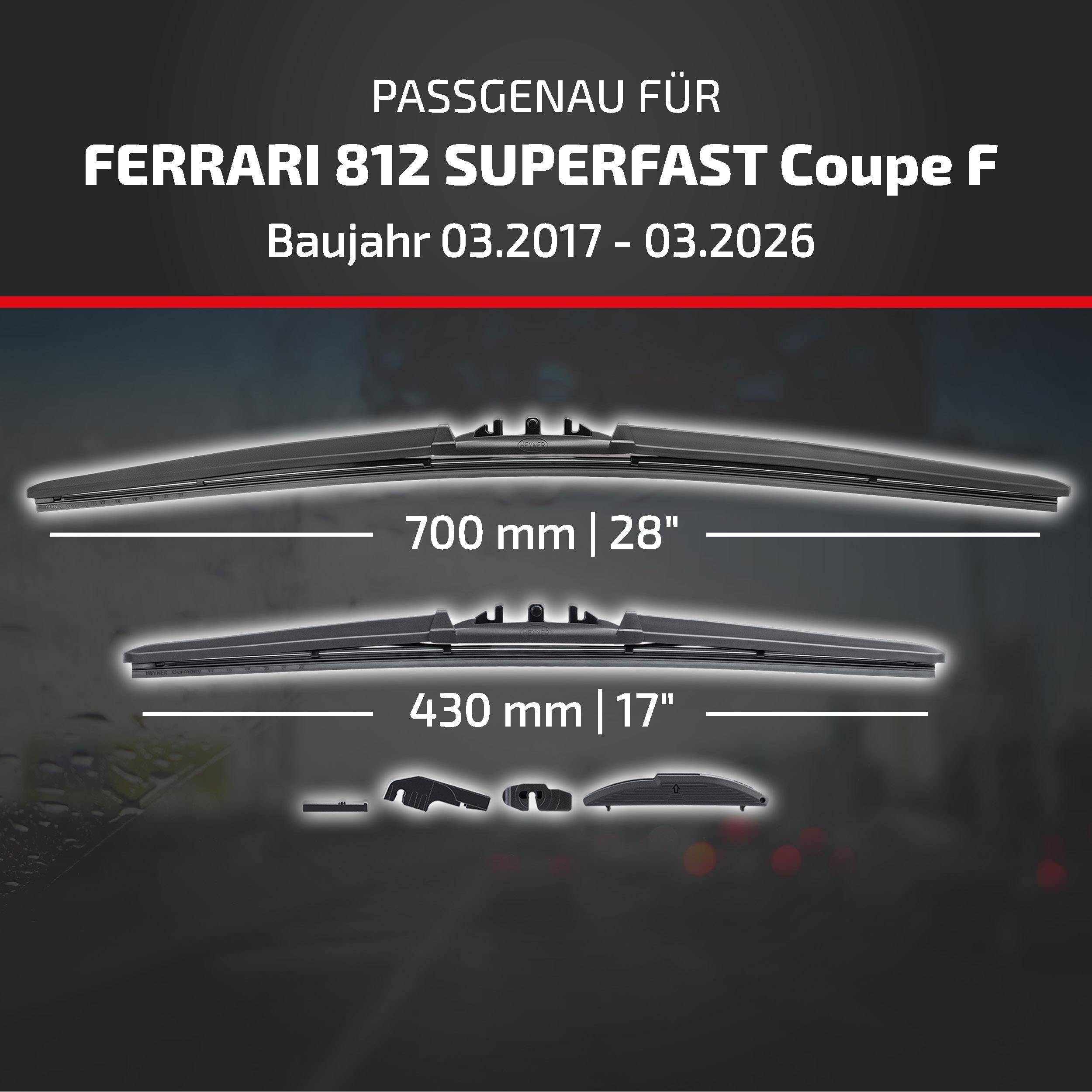 Die Anzeige besagt, dass Wischerblätter für Ferrari 812 Superfast Coupe F, Modelljahre 03.2017–03.2026, passen; die angezeigten Größen sind 700 mm und 430 mm.