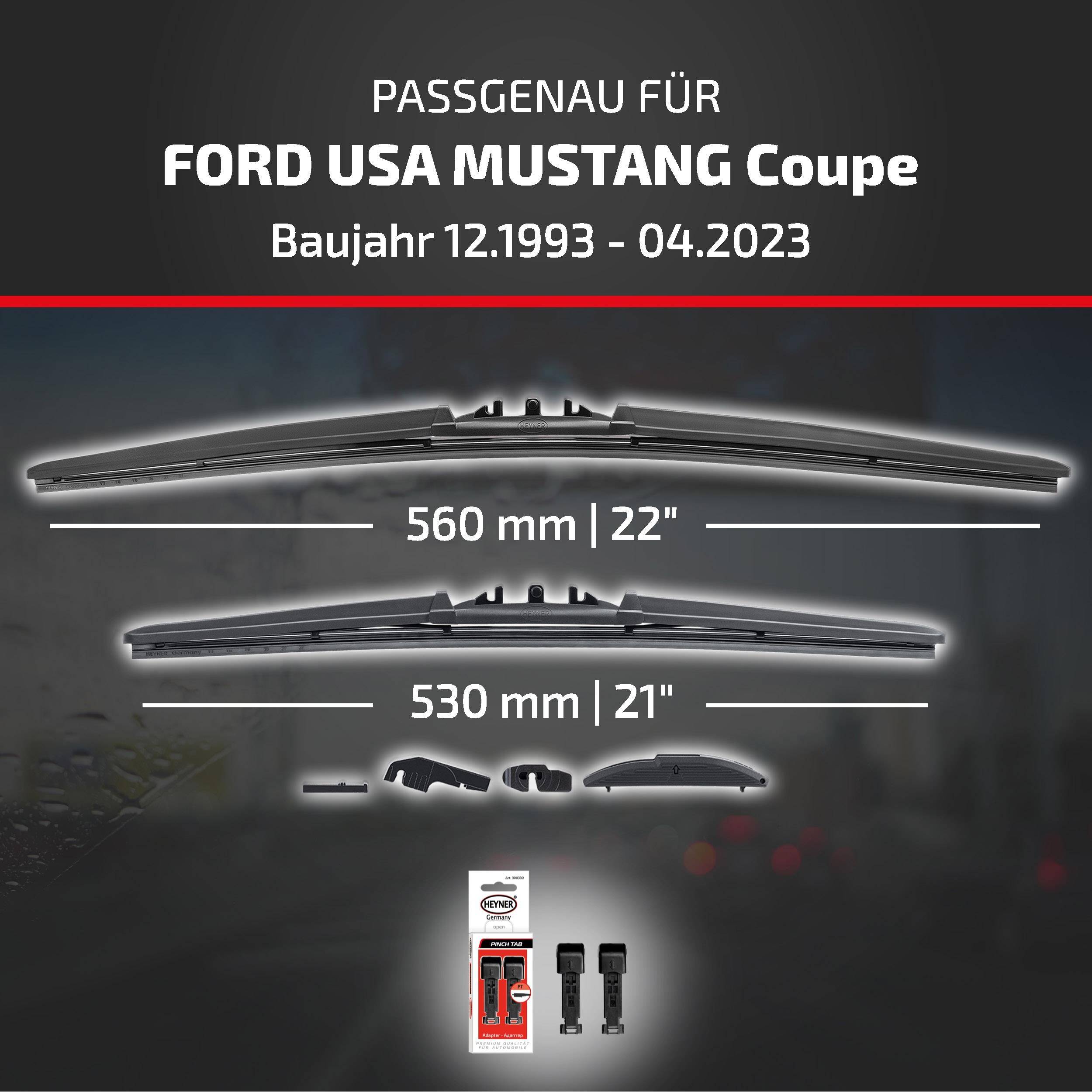 Kompatibilitätsgrafik für Ford USA Mustang Coupe, Modelljahre 12/1993–04/2023, mit zwei Wischergröße: 560 mm (22