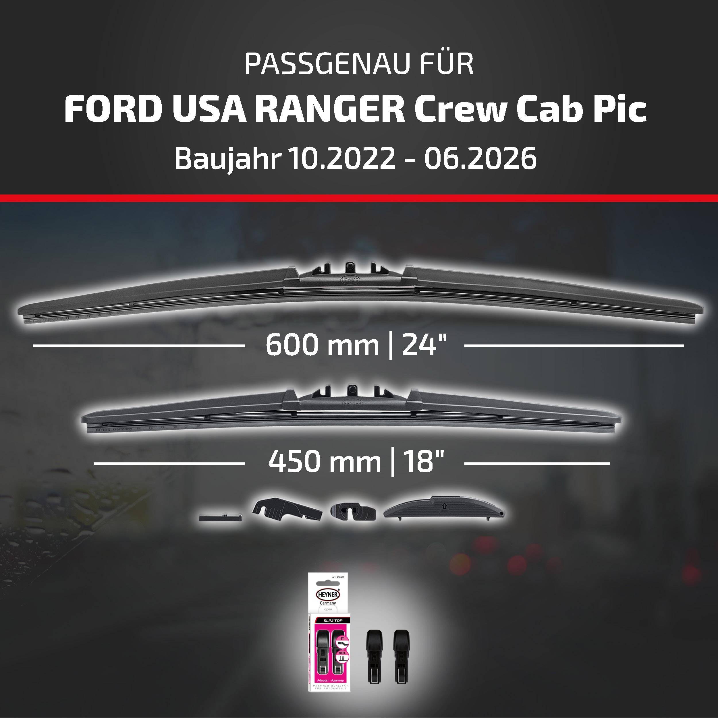 HEYNER® Scheibenwischer für FORD USA RANGER Crew Cab Pickup 10.2022 - 08.2026, HYBRID Flachbalkenwischer,