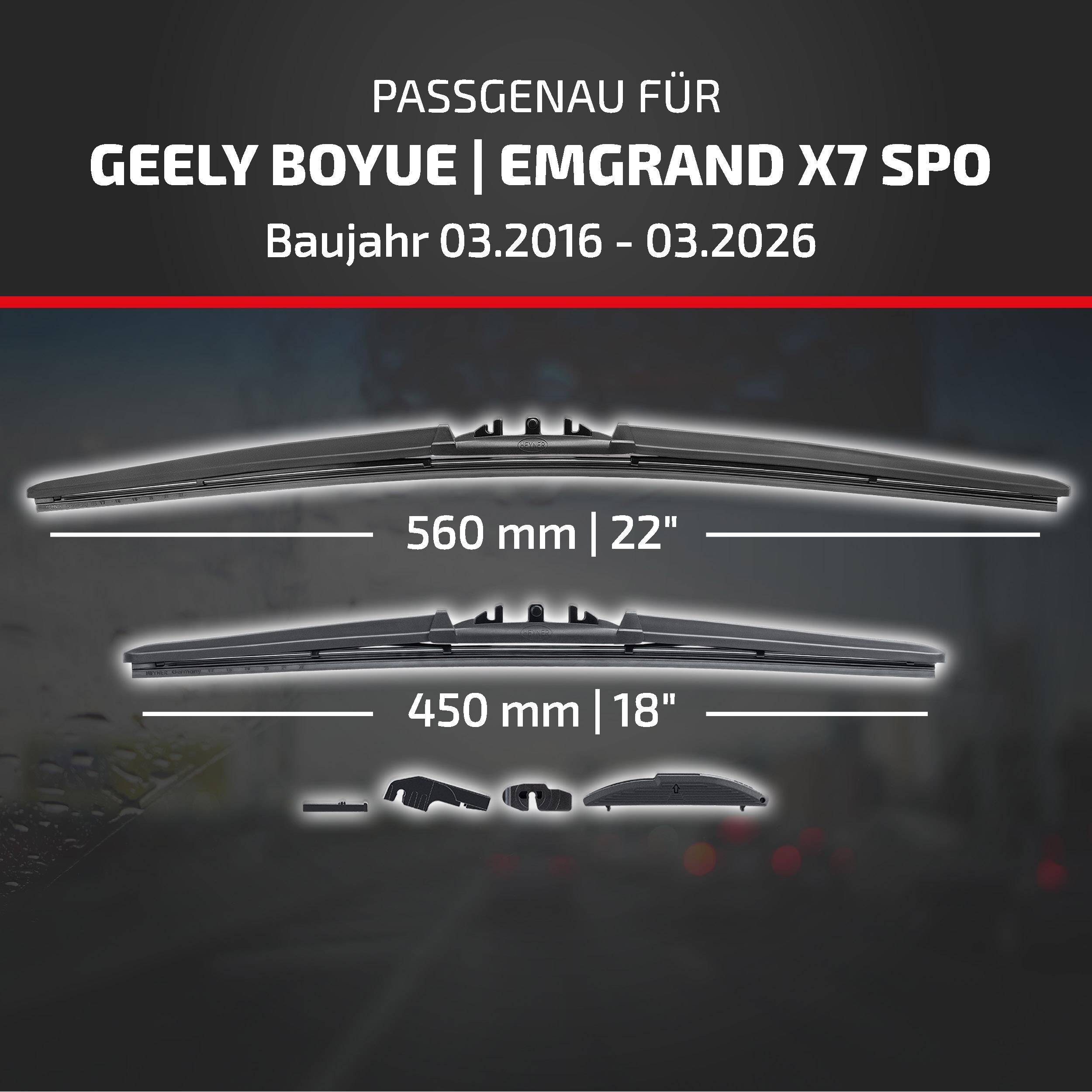 HEYNER® Scheibenwischer für GEELY BOYUE | EMGRAND X7 SPORT (03.2016 - 08.2026) HYBRID Flachbalkenwischer