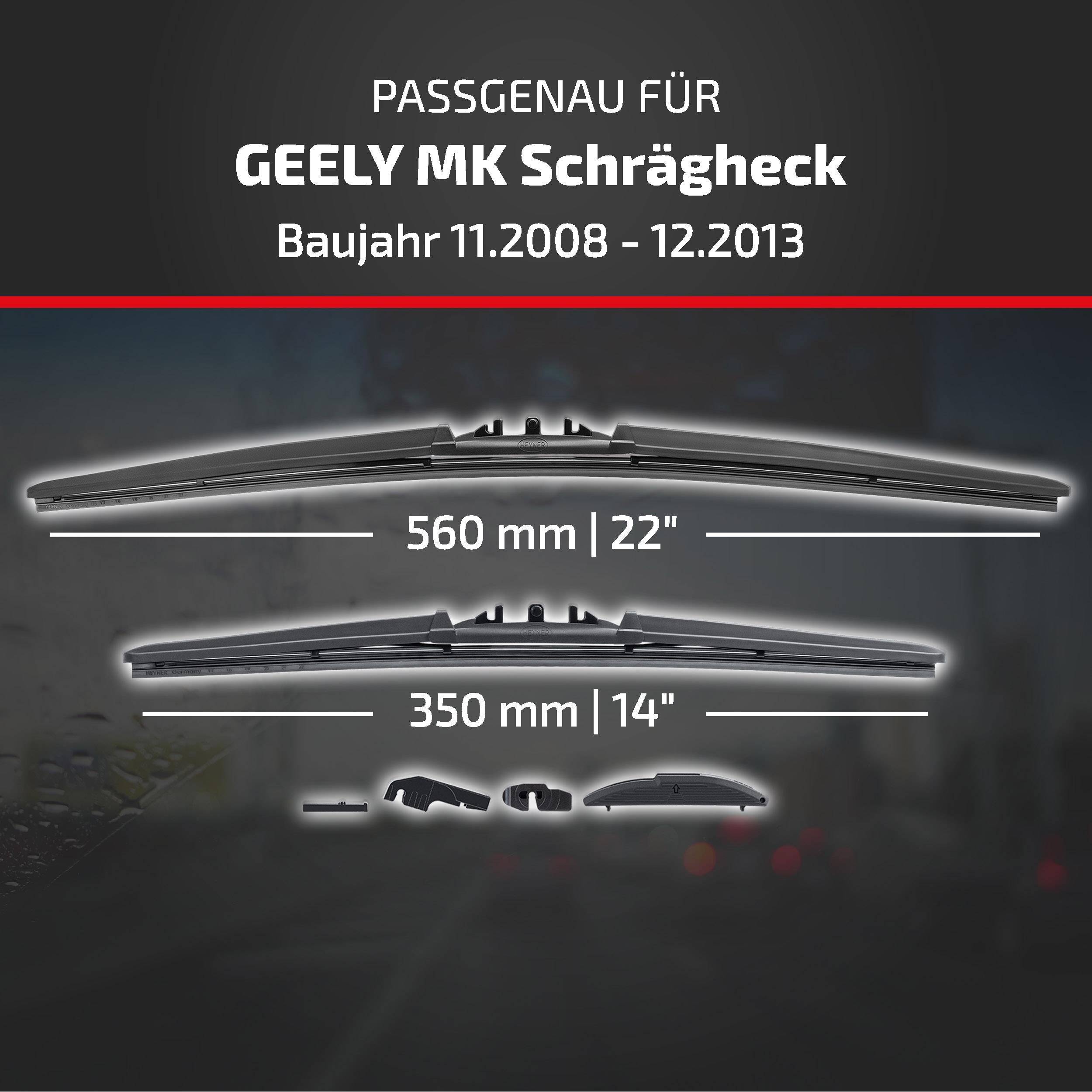 Die Anzeige besagt, dass die Wischerblätter für Geely MK Schrägheck, Modelljahre 11.2008–12.2013, in den Größen 560 mm (22