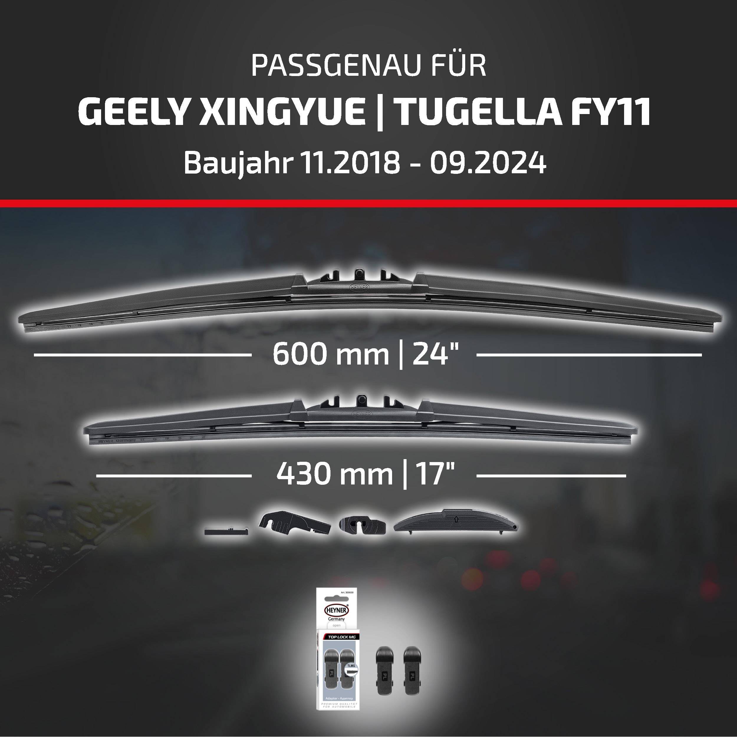 Scheibenwischer-Set für Geely Xingyue/Tugella FY11 (11.2018-09.2024), mit Wischblattern in den Längen 600 mm/24 Zoll und 430 mm/17 Zoll sowie mitgelieferten Adaptern.