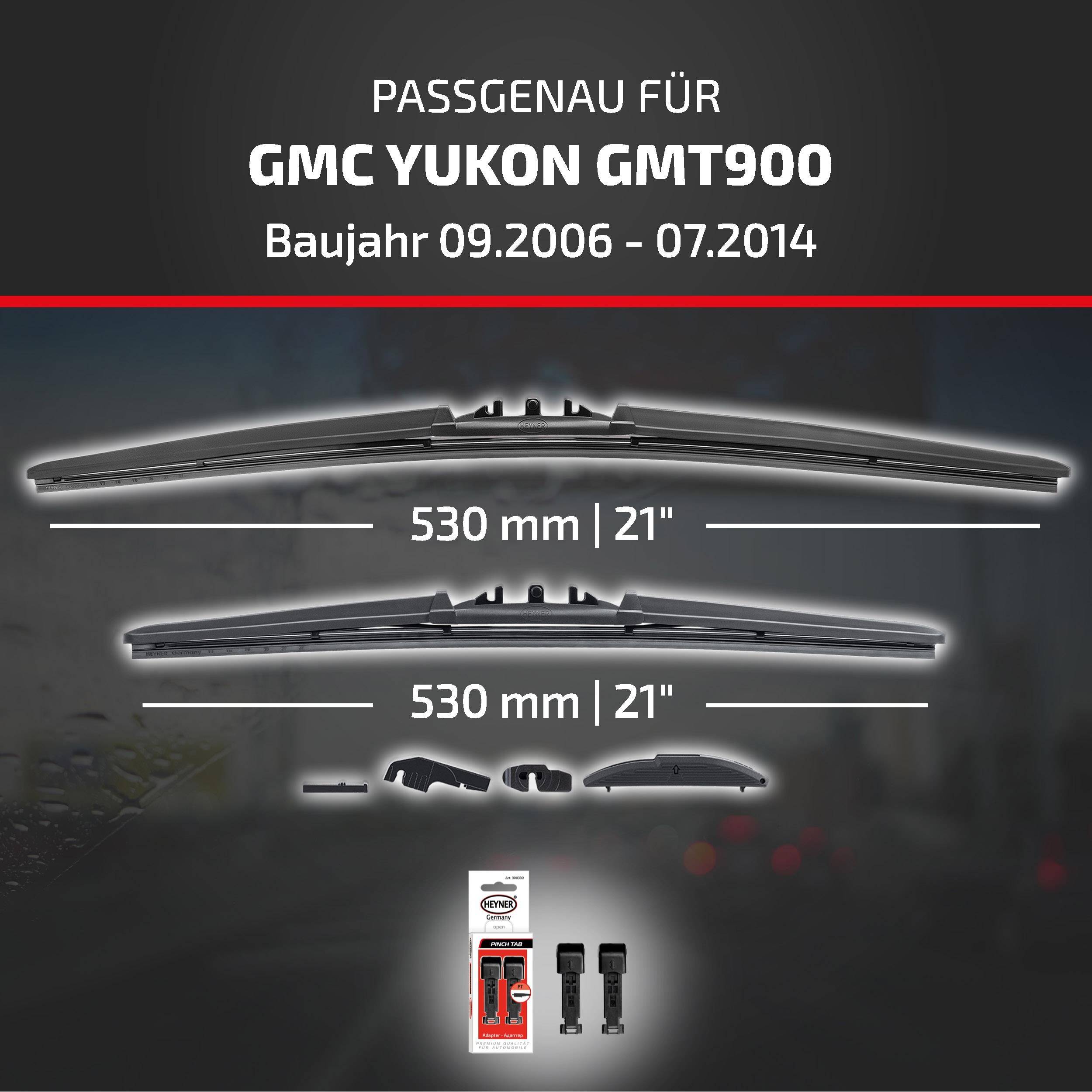 Kompatibilitätsgrafik für GMC Yukon GMT900, Modelljahre 09.2006-07.2014, zeigt zwei 530 mm (21 Zoll) Scheibenwischer und enthaltene Adapterstücke.