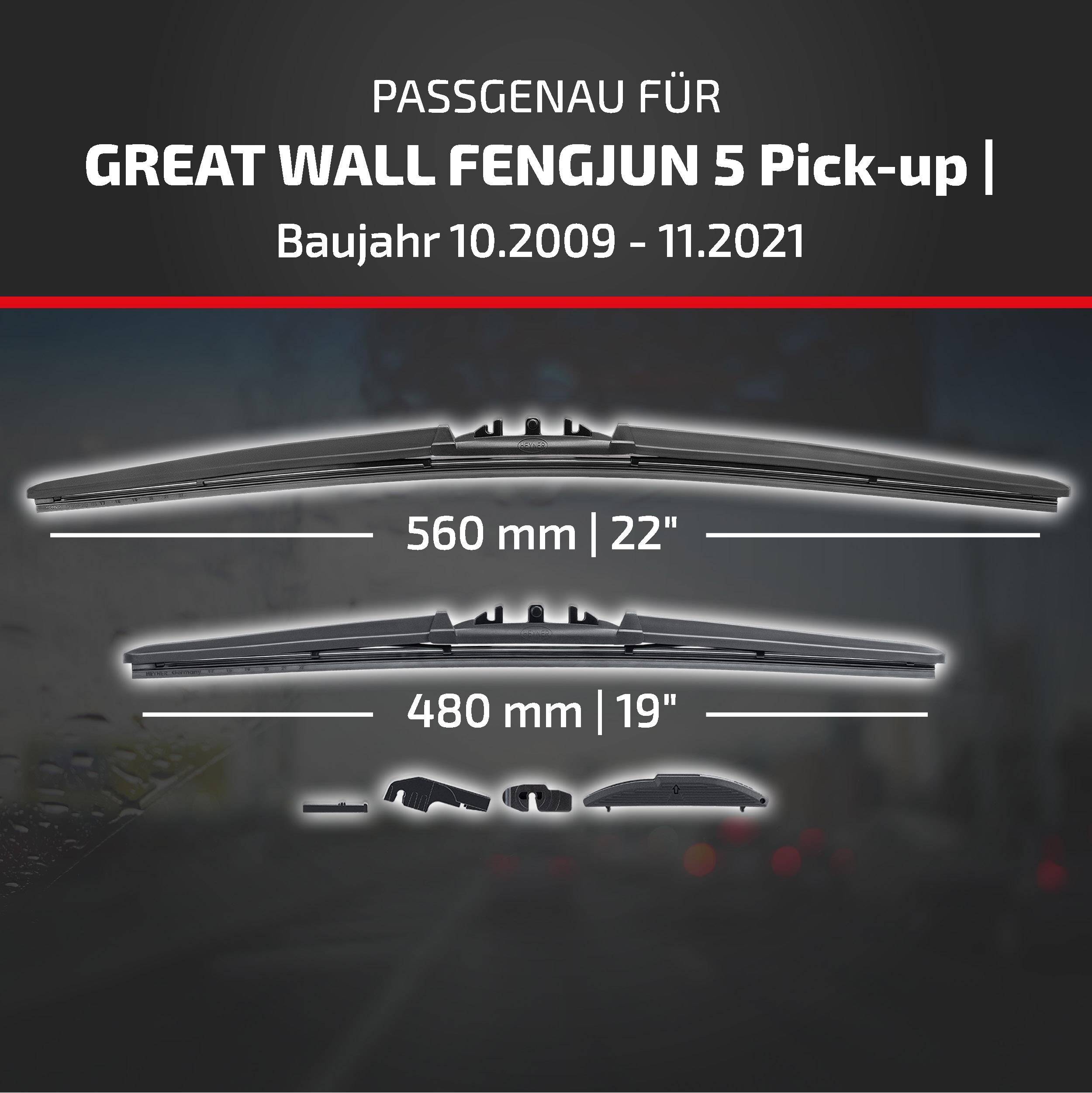 Produktkompatibilitätsgrafik für GREAT WALL FENGJUN 5 Pick-up, Modelljahre 10.2009-11.2021, mit zwei Wischergröße: 560 mm (22) und 480 mm (19).