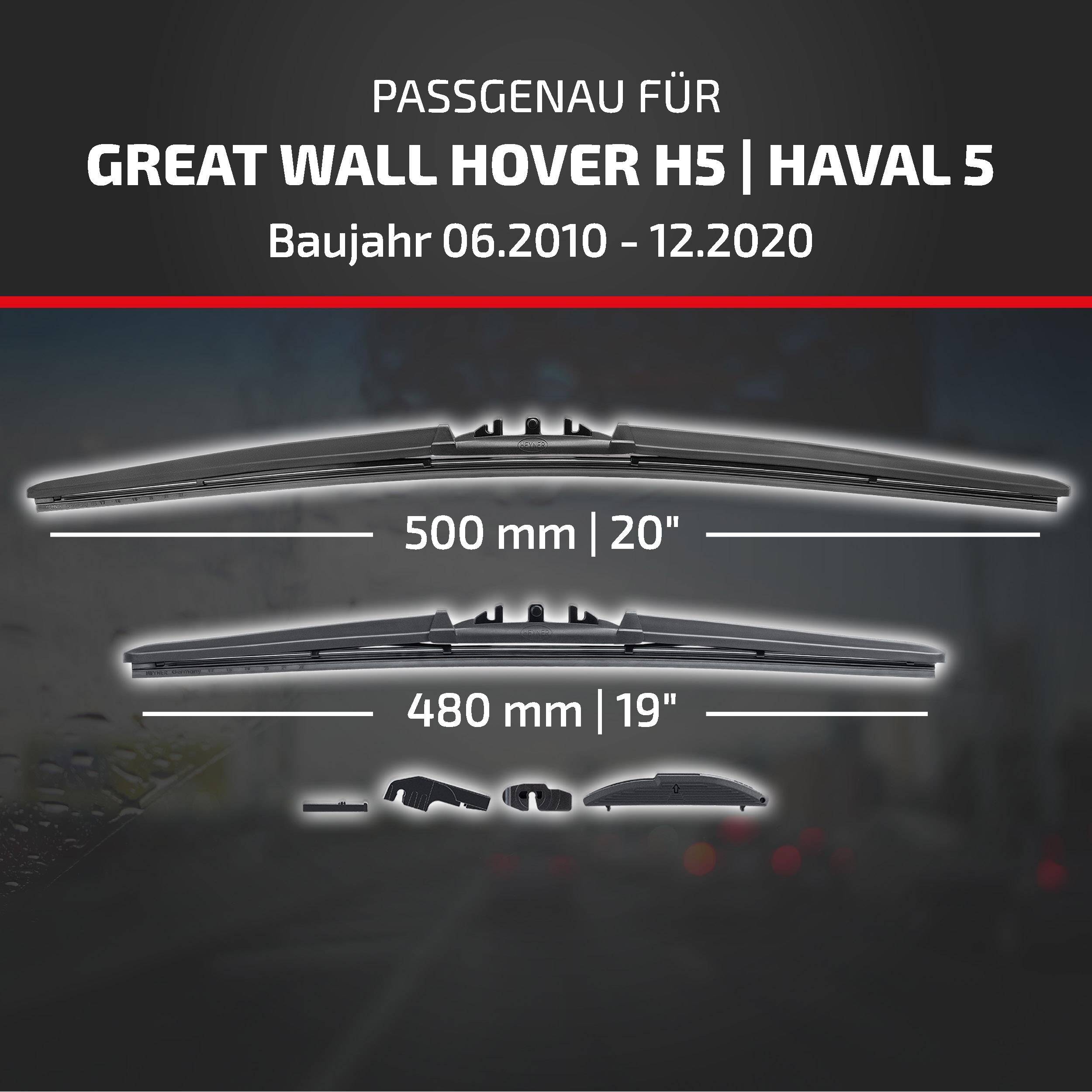 Grafik zur Montage von Scheibenwischern für Great Wall Hover H5/Haval 5, Modelljahre 06.2010-12.2020, mit Frontscheibenwischer-Größen 500 mm (20