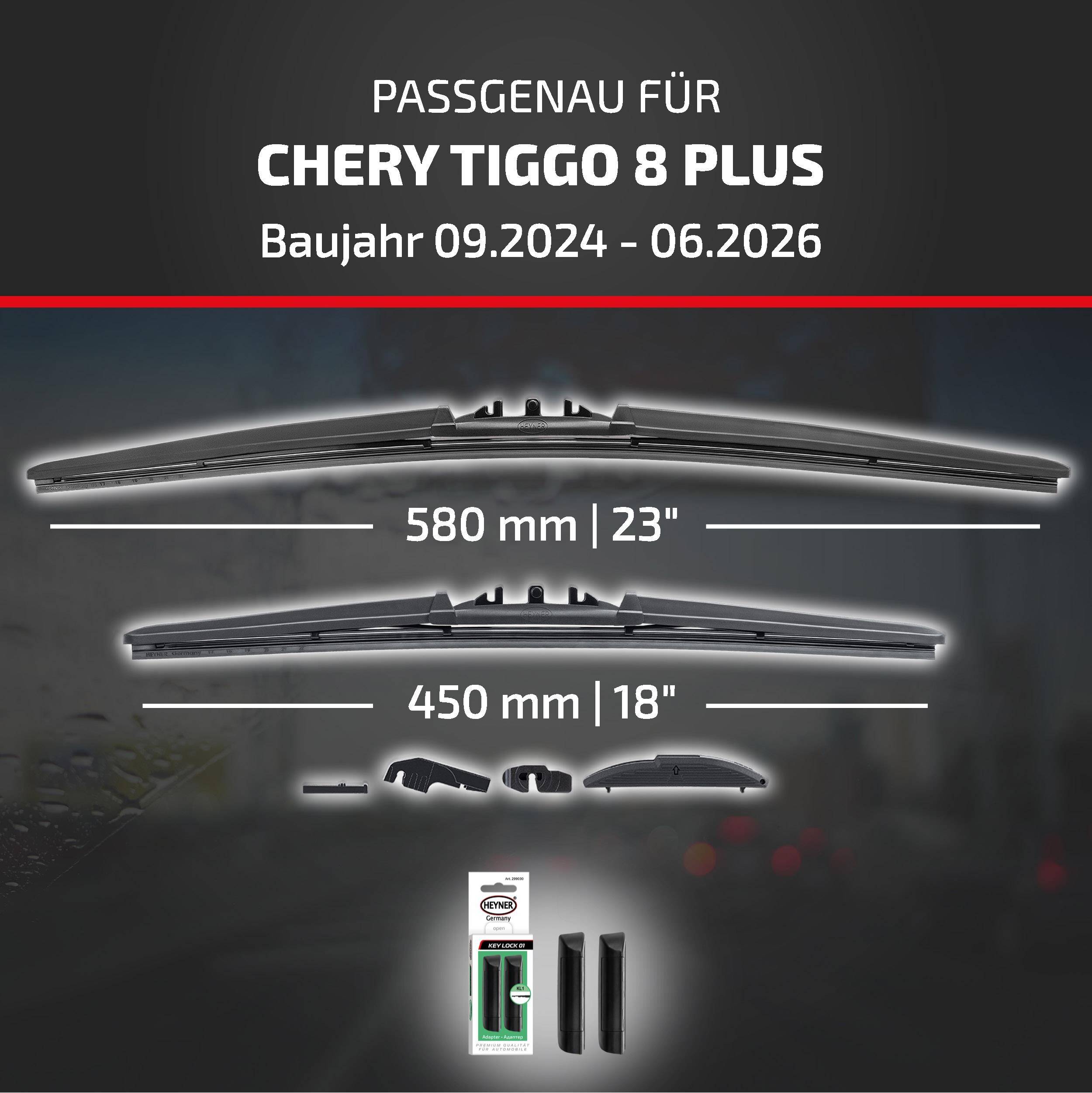 Kompatibilitätstabelle für Chery Tiggo 8 Plus (Modelljahre 09.2024–06.2026) mit 580 mm/23