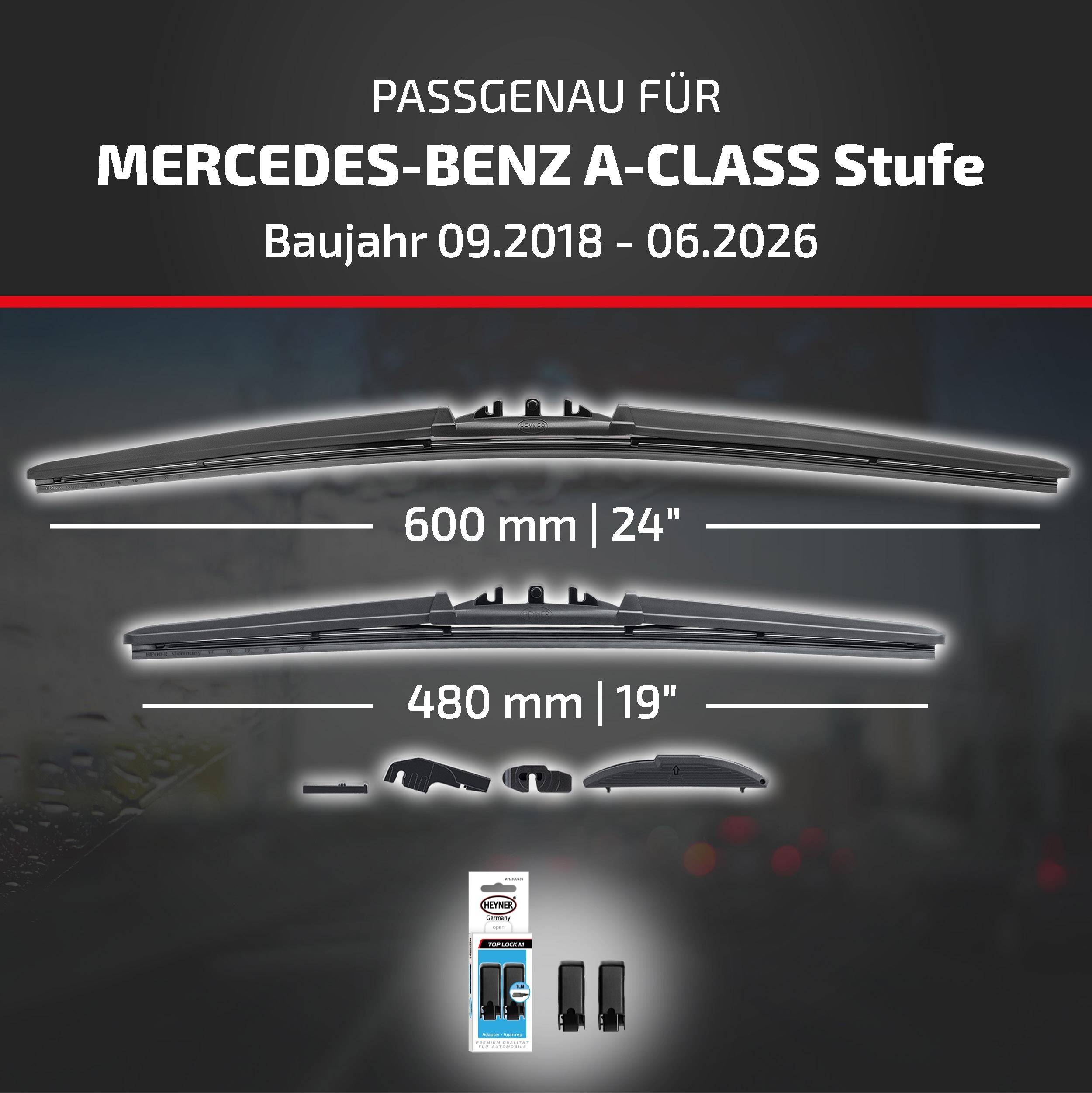 Kompatibilitätsgrafik für Mercedes-Benz A-Klasse (09/2018-06/2026) mit Wischblattzusammensetzung: 600 mm (24