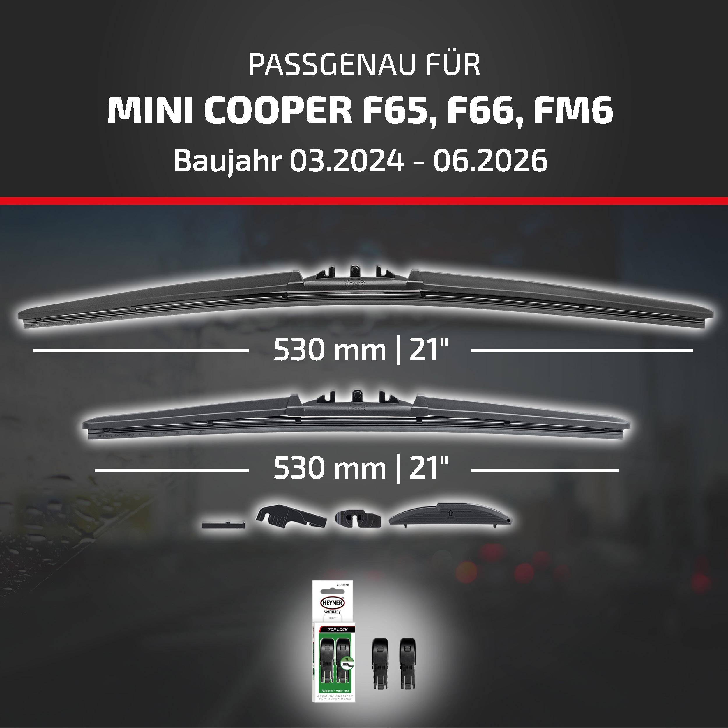 Werbung für Wischblätter für MINI Cooper F65, F66, FM6, Modelljahre 03/2024-06/2026; zwei Blätter dargestellt, beide 530 mm (21 Zoll), mit Verpackung und Adaptern darunter.