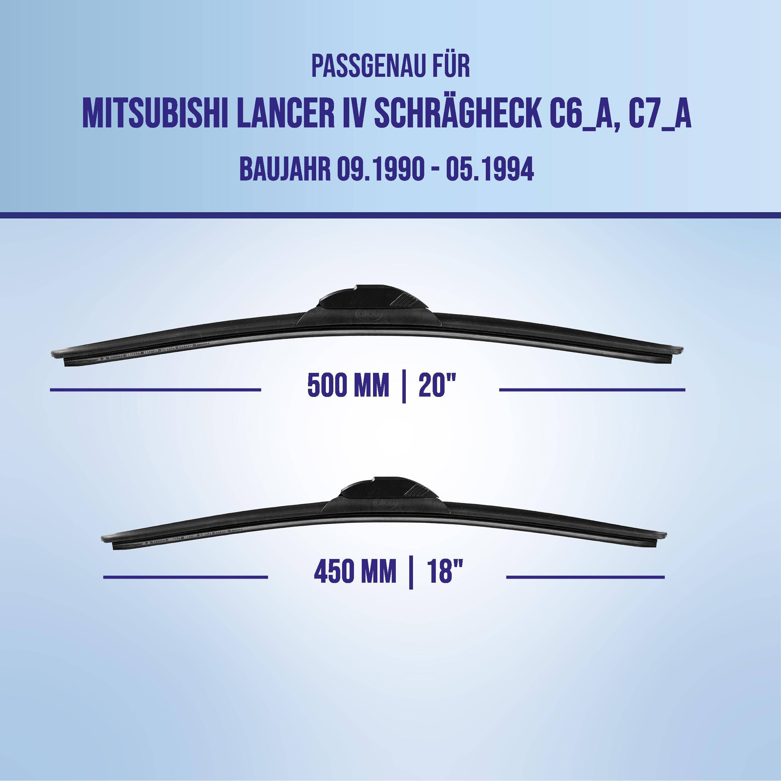 Abbildung von Wischerblättern für Mitsubishi Lancer IV Schrägheck C6_A/C7_A (1990-1994), Größen 500 mm (20