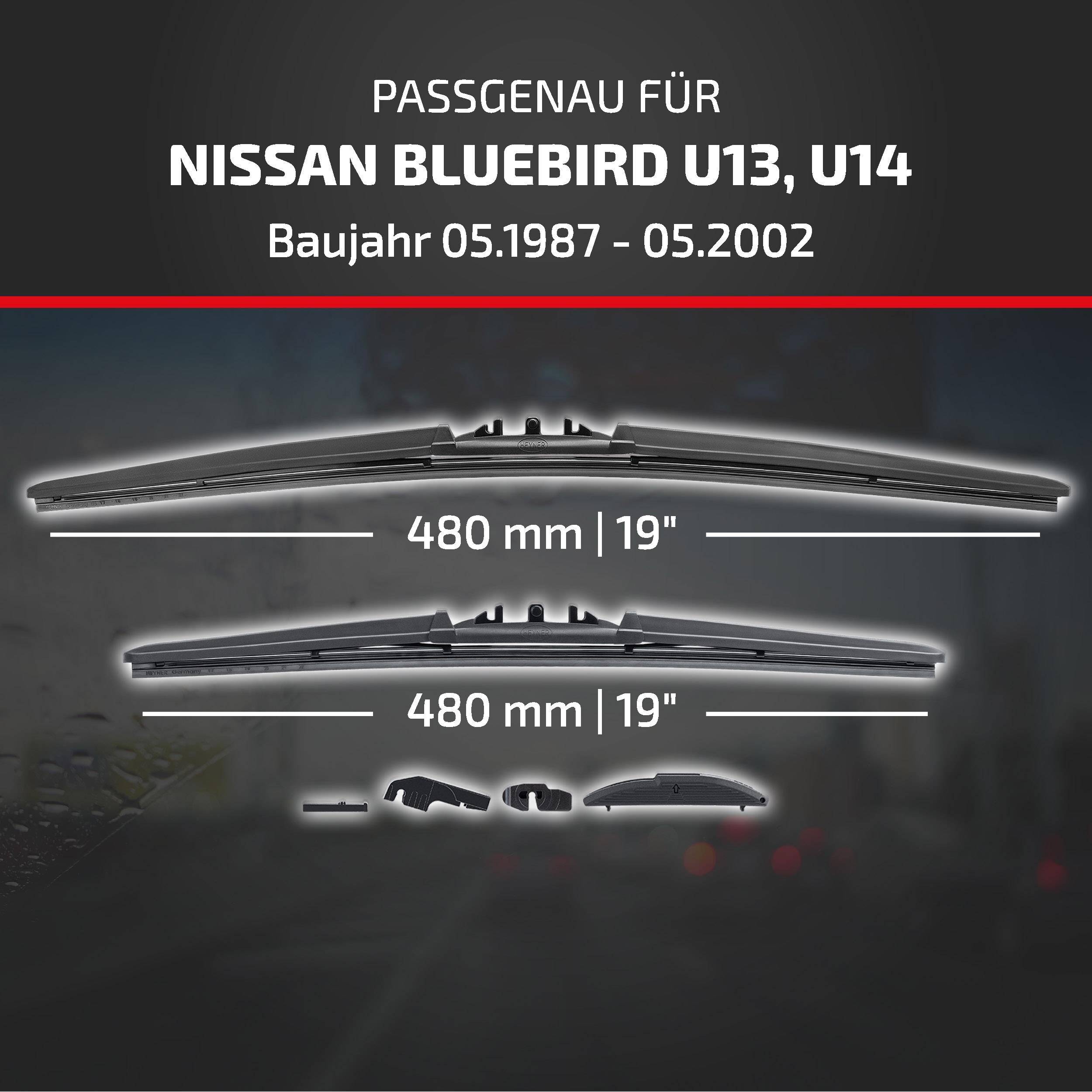 Anzeige für Scheibenwischer kompatibel mit Nissan Bluebird U13 und U14, Modelljahre 05.1987–05.2002, mit 480 mm (19