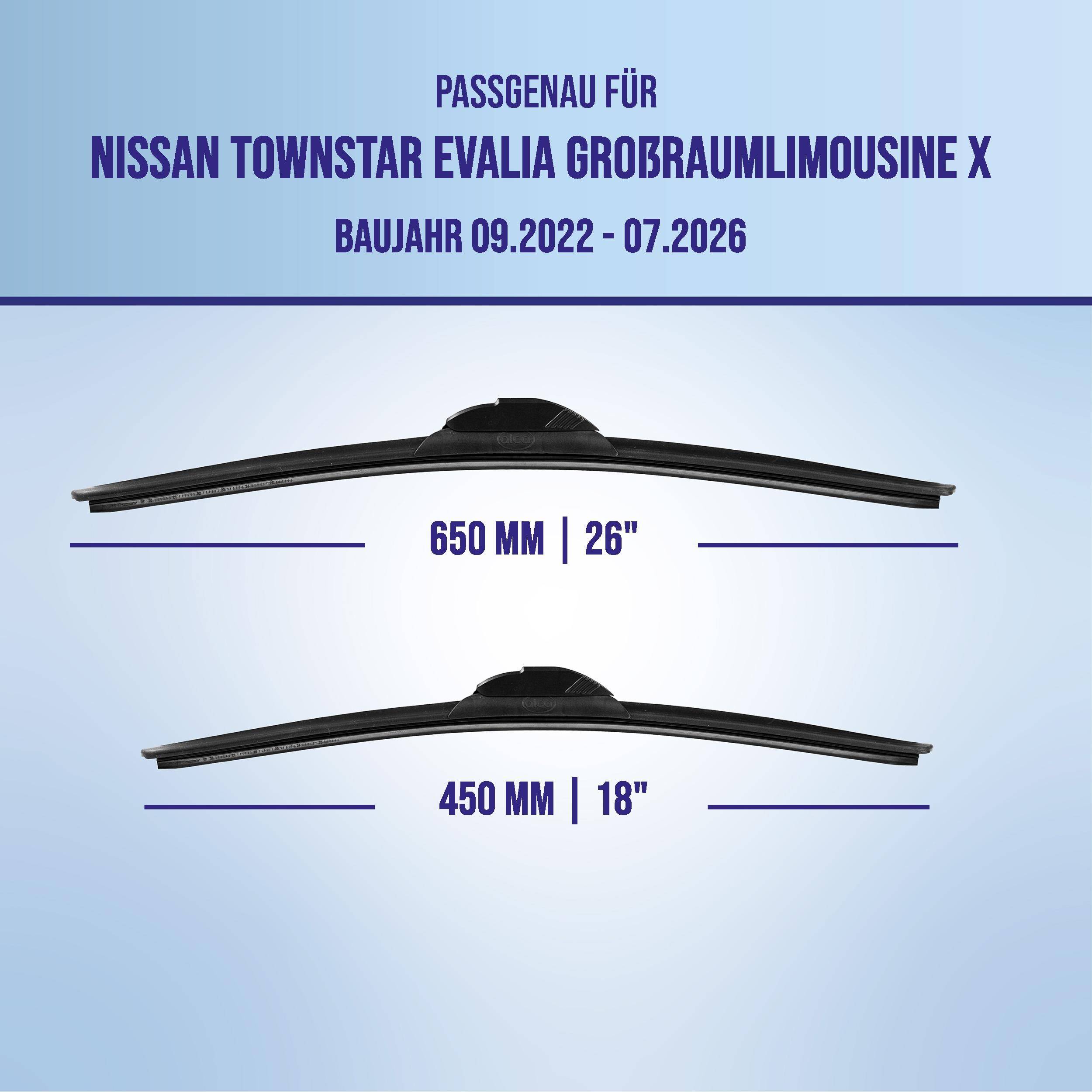 Kompatibilitätsdiagramm für Nissan Townstar Evalia Großraumlimousine X (09/2022-07/2026) mit Wischblattengrößen: 650 mm (26