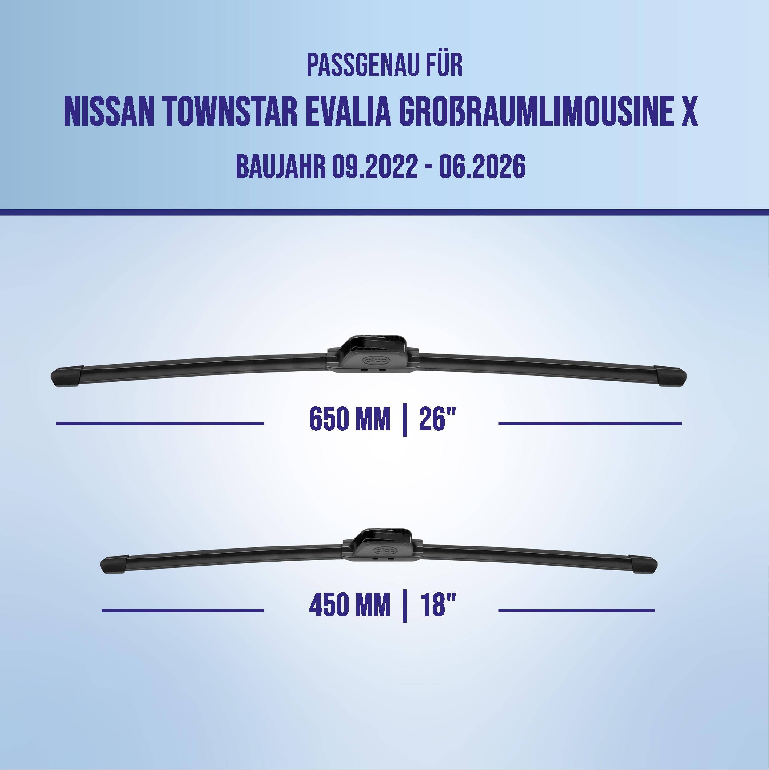 Kompatibilitätsgrafik für Nissan Townstar Evalia Großraumlimousine X, Modelljahre 09/2022-06/2026, zeigt Wischergröße 650 mm (26