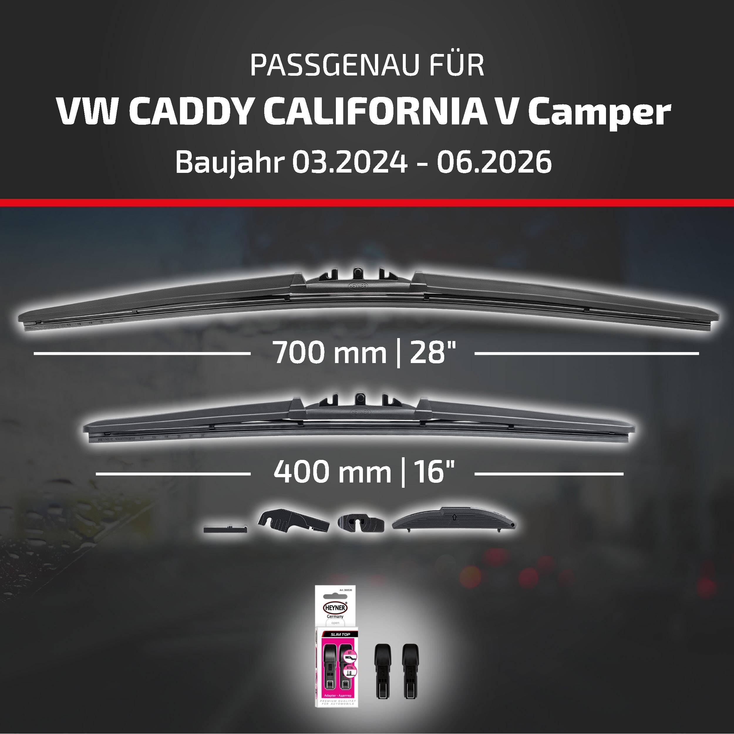 HEYNER® Scheibenwischer für VW CADDY CALIFORNIA V Camper 03.2024 - 08.2026, HYBRID Flachbalkenwischer,