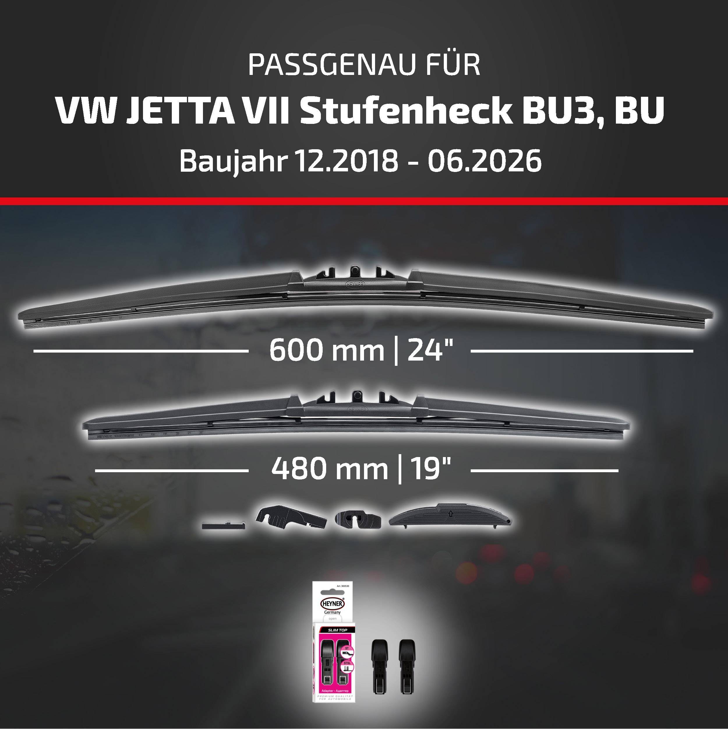 Wischblätter kompatibel mit VW Jetta VII Stufenheck BU3/BU, Modelljahre 12/2018-06/2026, mit Blattlängen von 600 mm und 480 mm sowie beigefügten Adaptern.