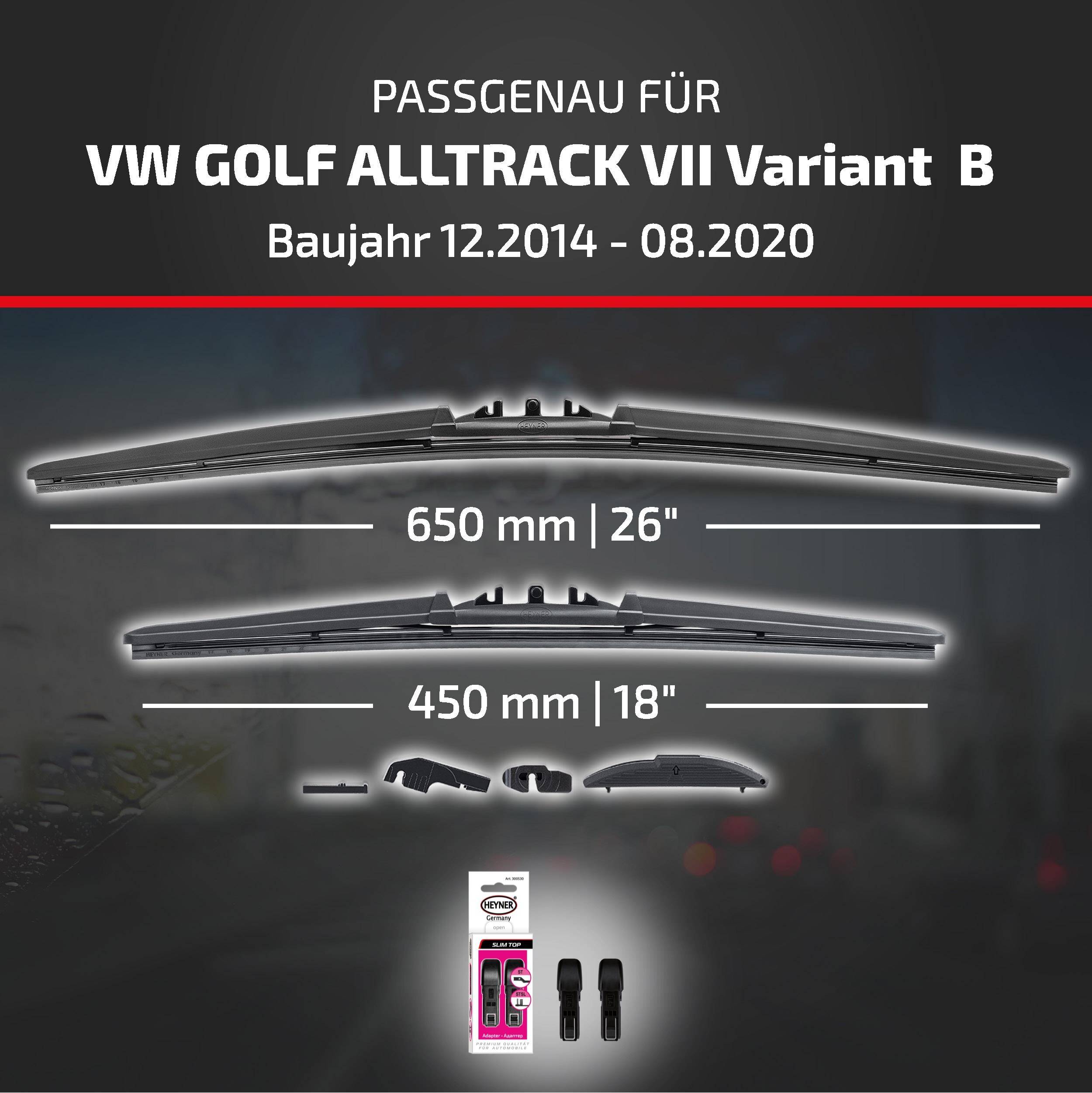 Die Anzeige zeigt Scheibenwischerblätter, die mit VW Golf Alltrack VII Variant B, Modelljahre 12/2014–08/2020, in den Größen 650 mm (26