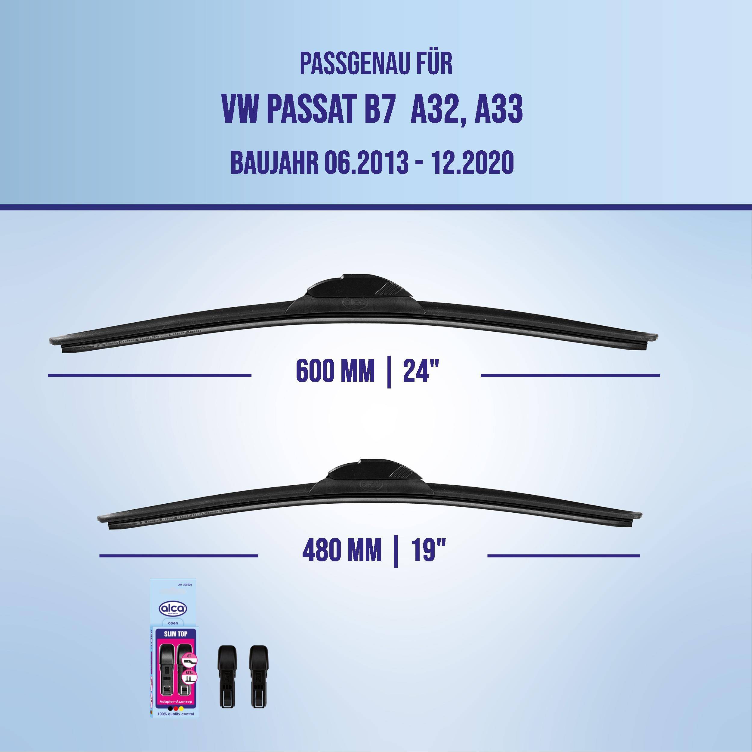 Grafik zeigt kompatible Scheibenwischer für VW Passat B7 A32/A33 für Modelle von 06.2013-12.2020, Größen 600 mm (24') und 480 mm (19').