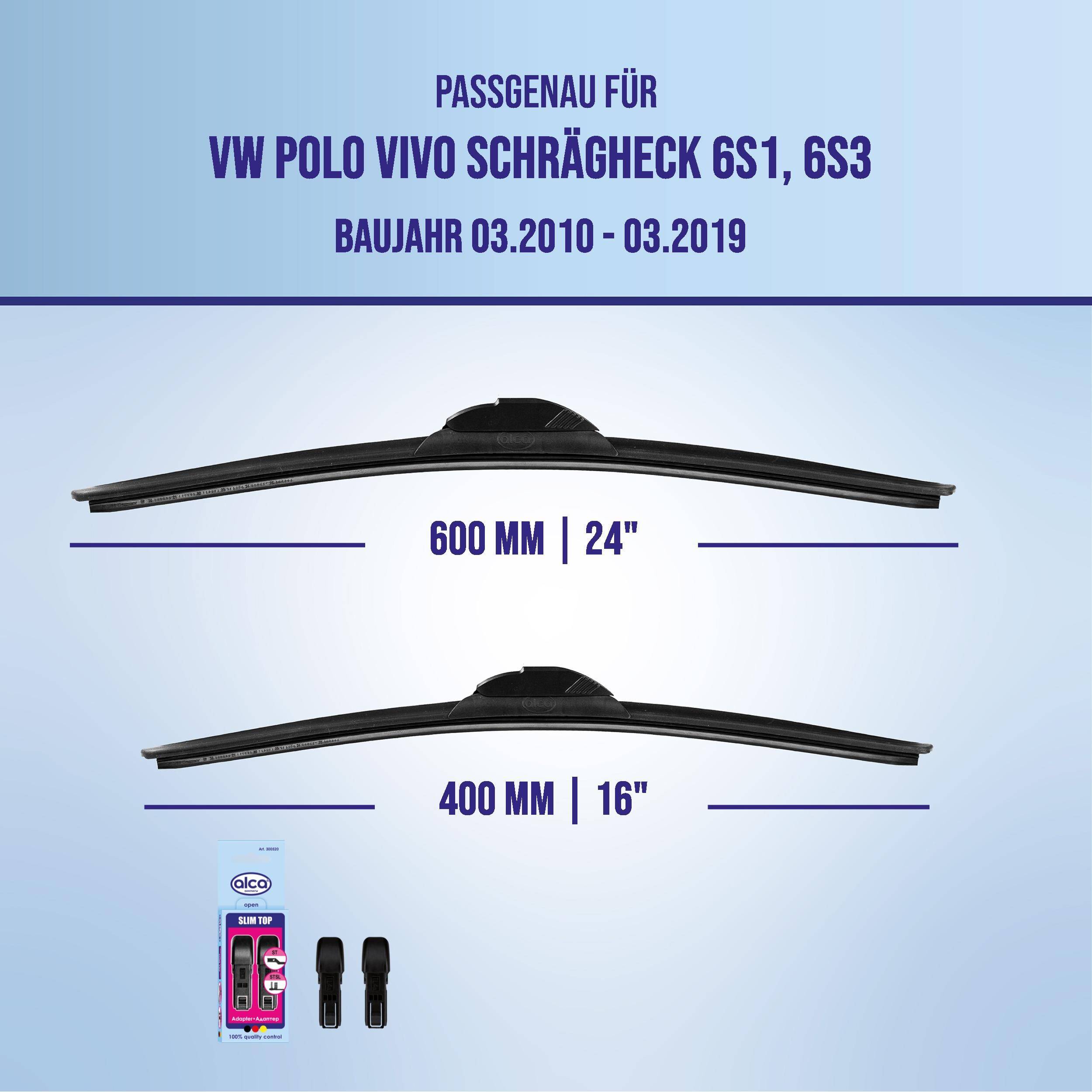 Kompatibilitätstabelle für VW Polo Vivo Scheibenwischer, Modelljahre 03.2010-03.2019, zeigt 600 mm/24