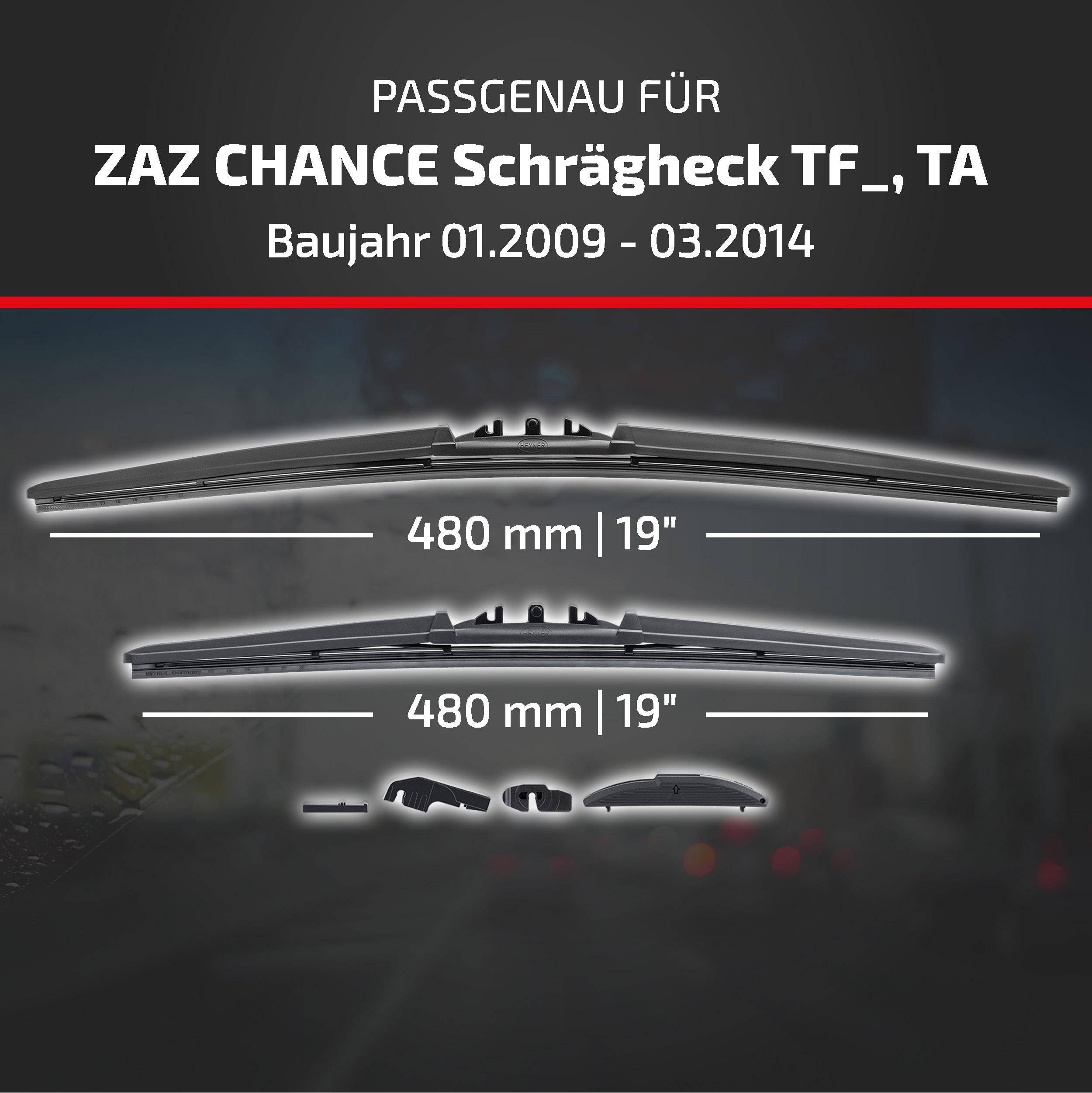 Produktkompatibilitätsgrafik für Scheibenwischer der Marke ZAZ Chance mit den Größen: „PASSGENAU FÜR ZAZ CHANCE Schrägeck TF_, TA