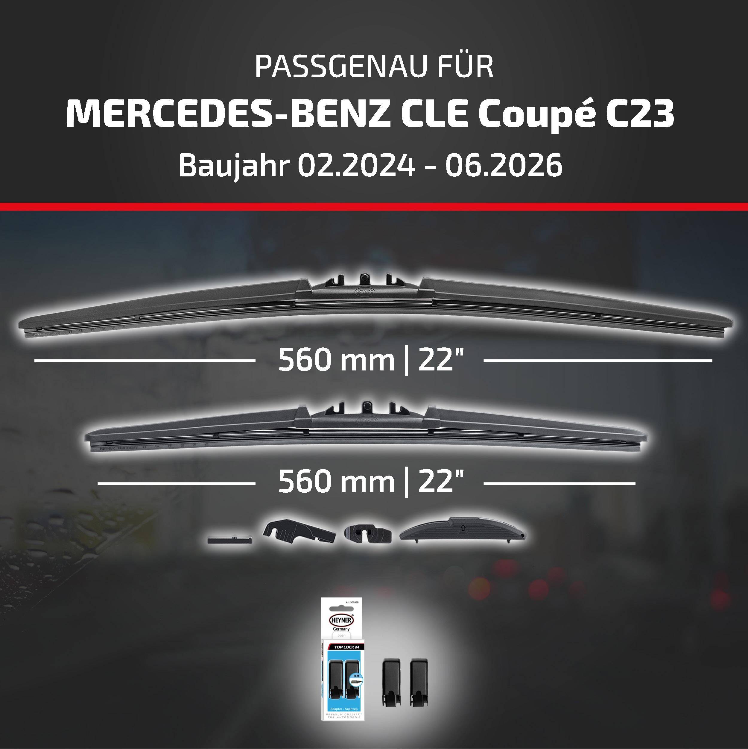 Wischerblätter kompatibel mit Mercedes-Benz CLE Coupé C23, Modelljahre 02.2024-06.2026; zwei 560 mm Blätter und Adapter-Verpackung im Lieferumfang enthalten.
