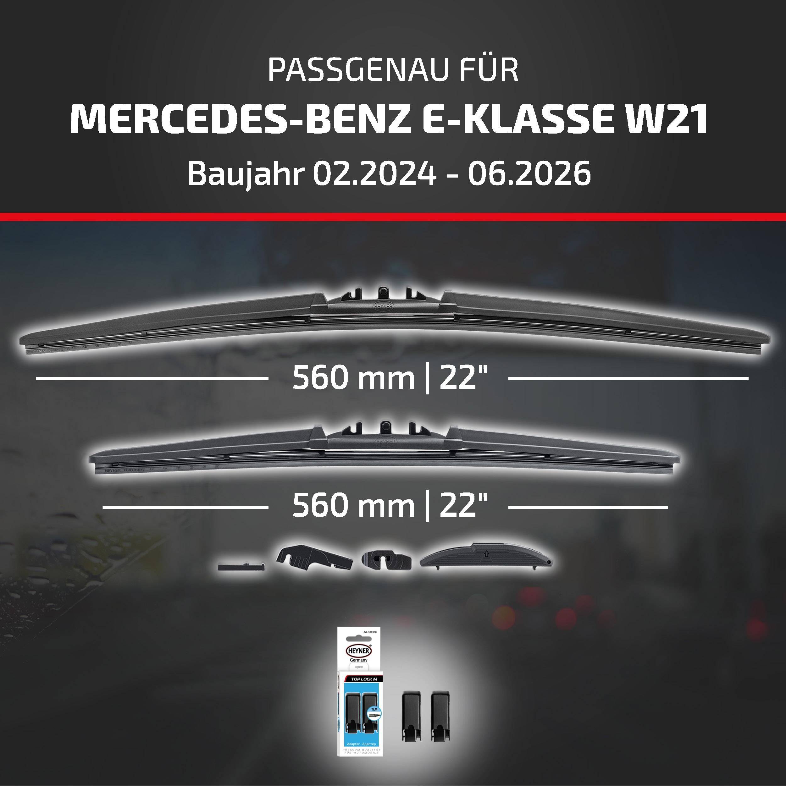 Angebot für Scheibenwischer passend für Mercedes-Benz E-Klasse W21, Modelljahre 02.2024-06.2026, mit zwei 560 mm (22 Zoll) Blättern und im Lieferumfang enthaltenen Adaptern.