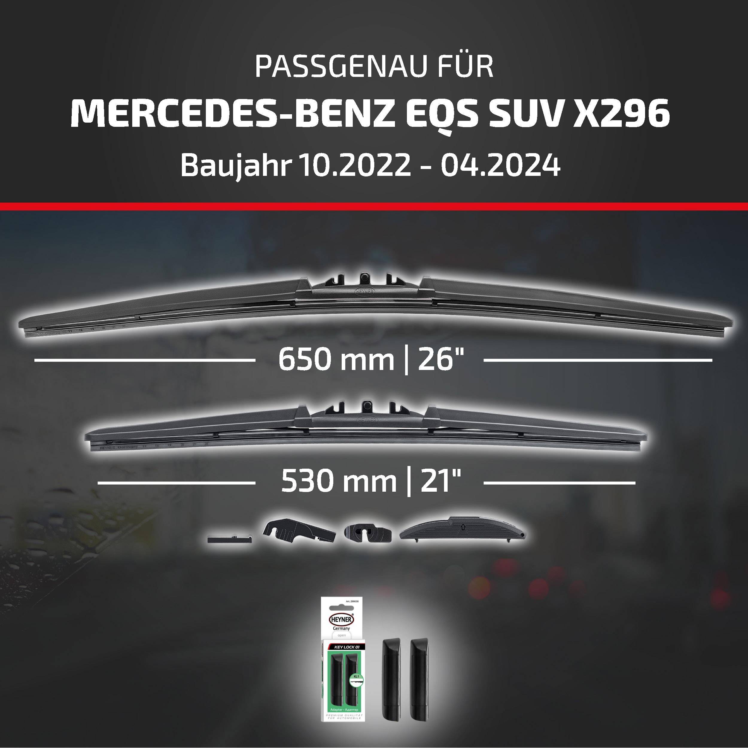 Kompatibilitätsgrafik für Mercedes-Benz EQS SUV X296 (10.2022–04.2024), die zwei Scheibenwischergröße zeigt: 650 mm (26