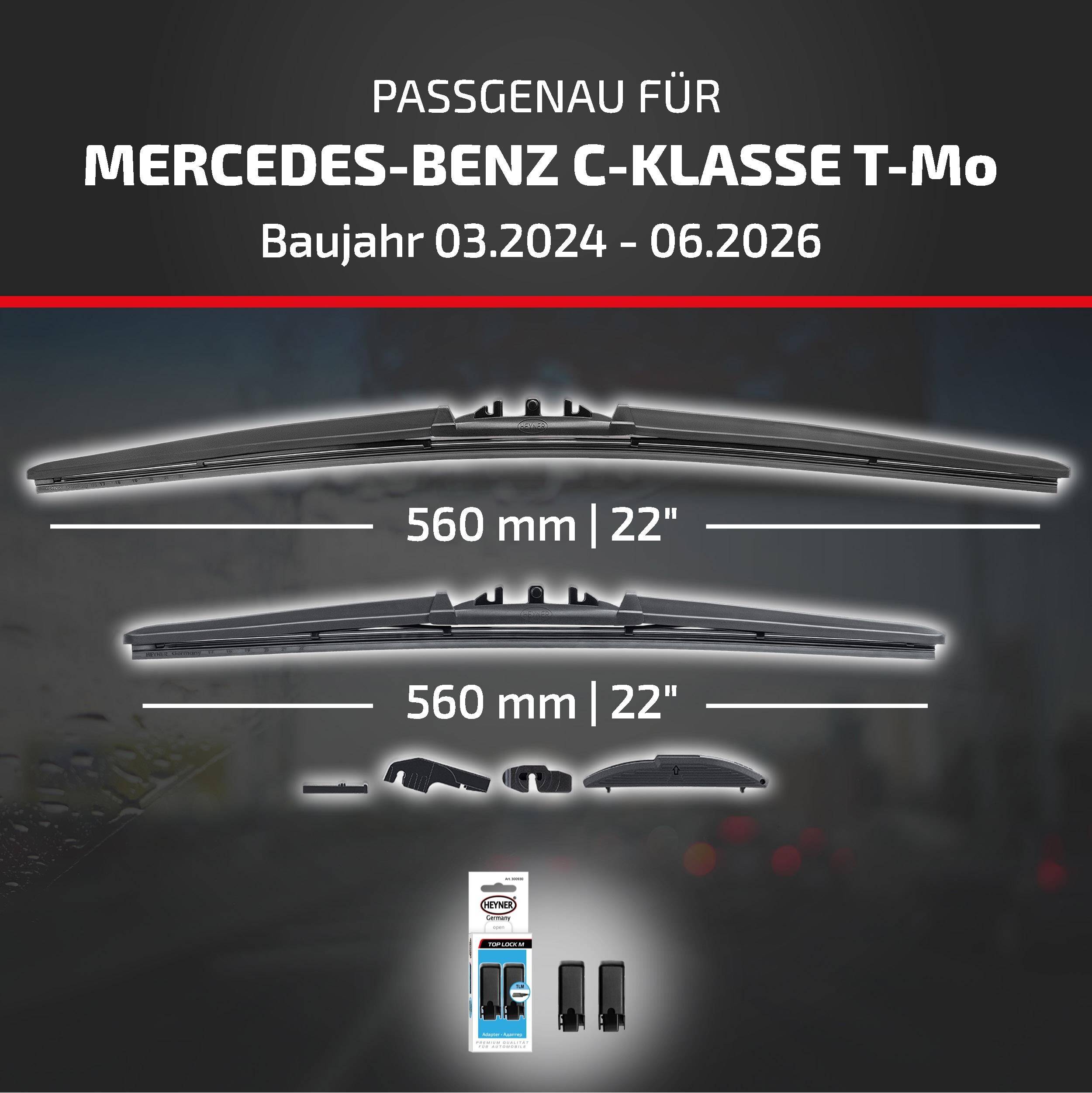 Diagramm mit kompatiblen Scheibenwischern für Mercedes-Benz C-Klasse T-Modell, Modelljahre 03/2024-06/2026, beide 560 mm (22