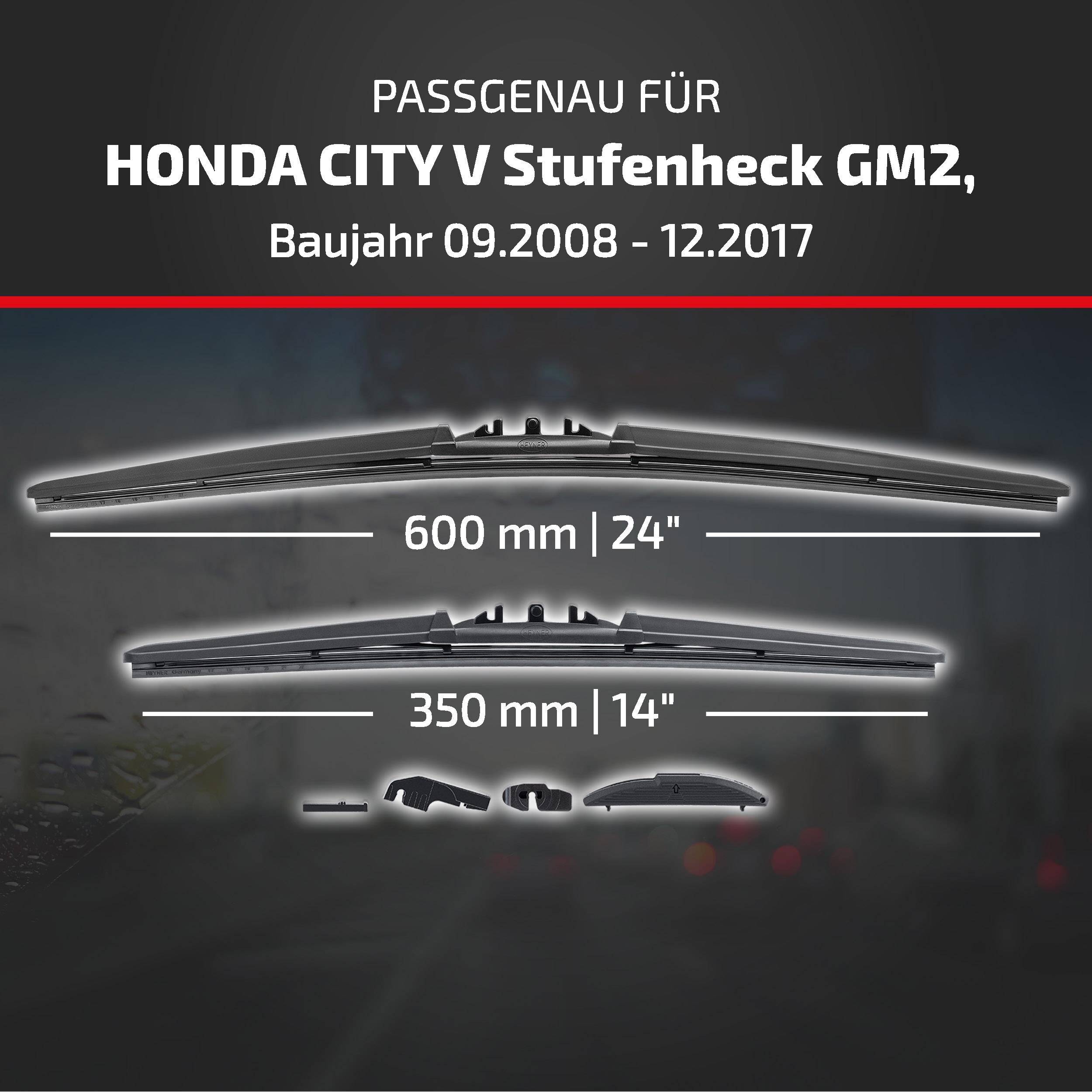 Grafik zur Kompatibilität von Wischblättern für Honda City V Sedan GM2, Modelljahre 09.2008–12.2017, zeigt 600 mm (24