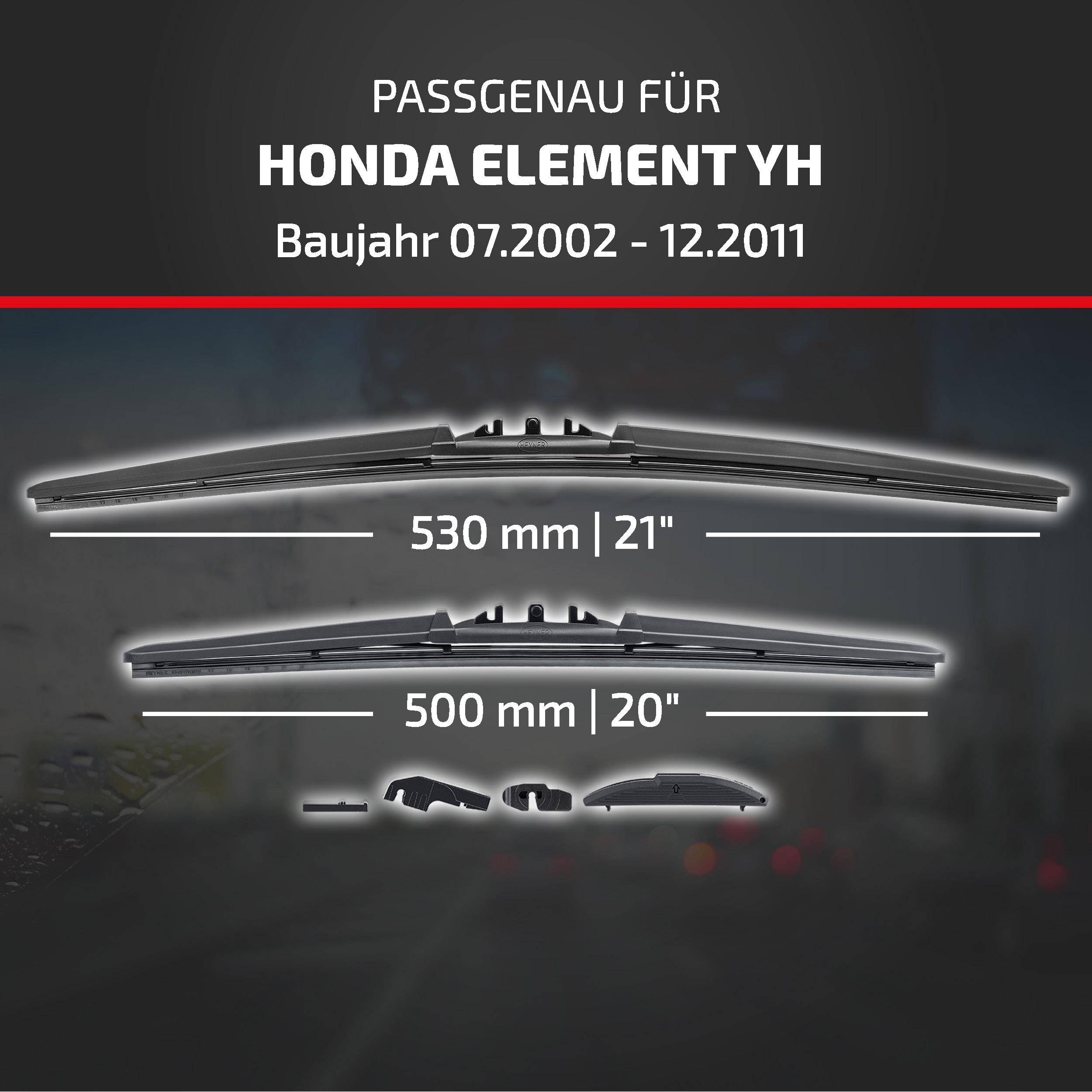Grafik mit Scheibenwischern, die mit Honda Element YH kompatibel sind, Modelljahre 07.2002–12.2011, Größen 530 mm (21