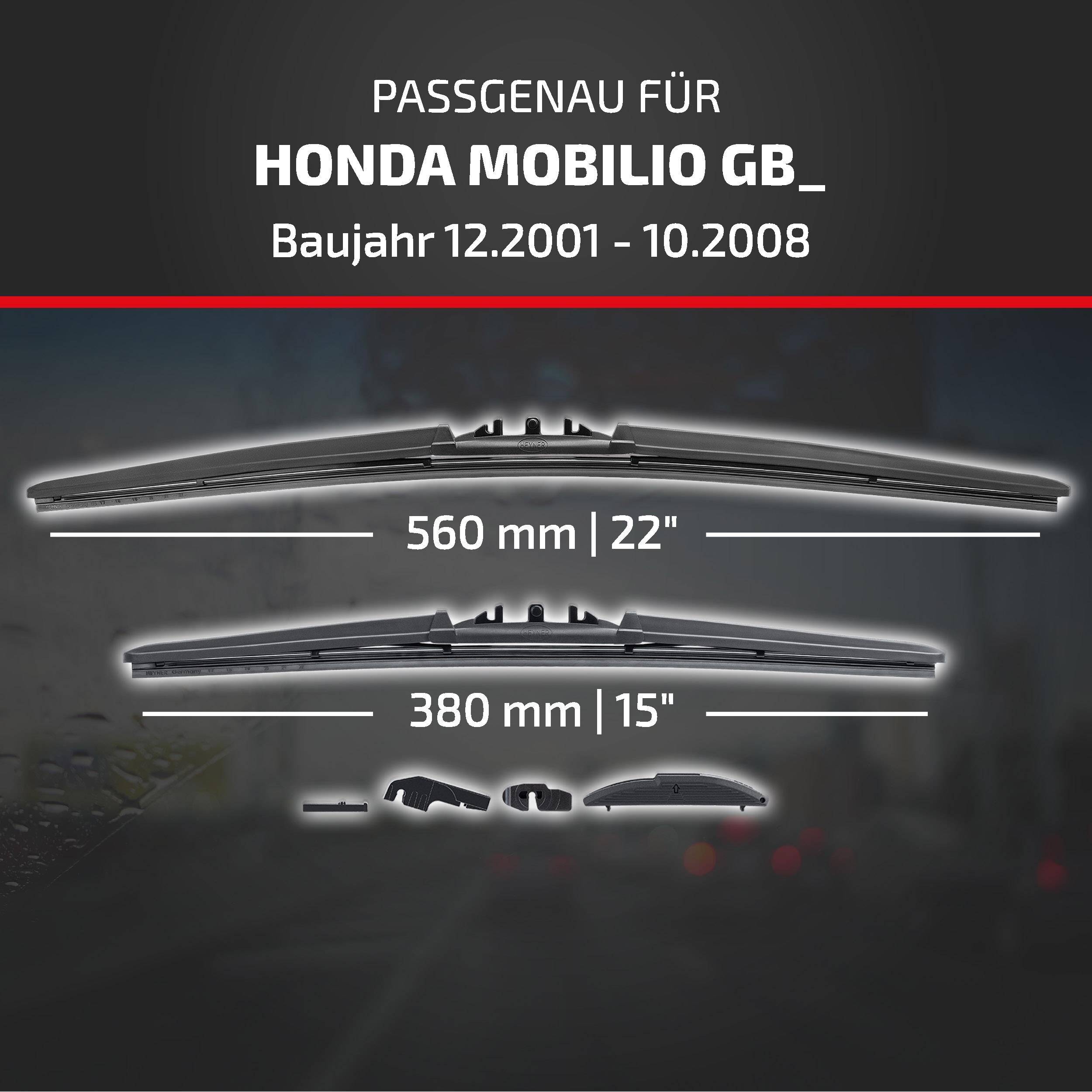 Grafik zeigt kompatible Scheibenwischblätter für Honda Mobilio GB, Modelljahre 12/2001-10/2008: 560 mm (22
