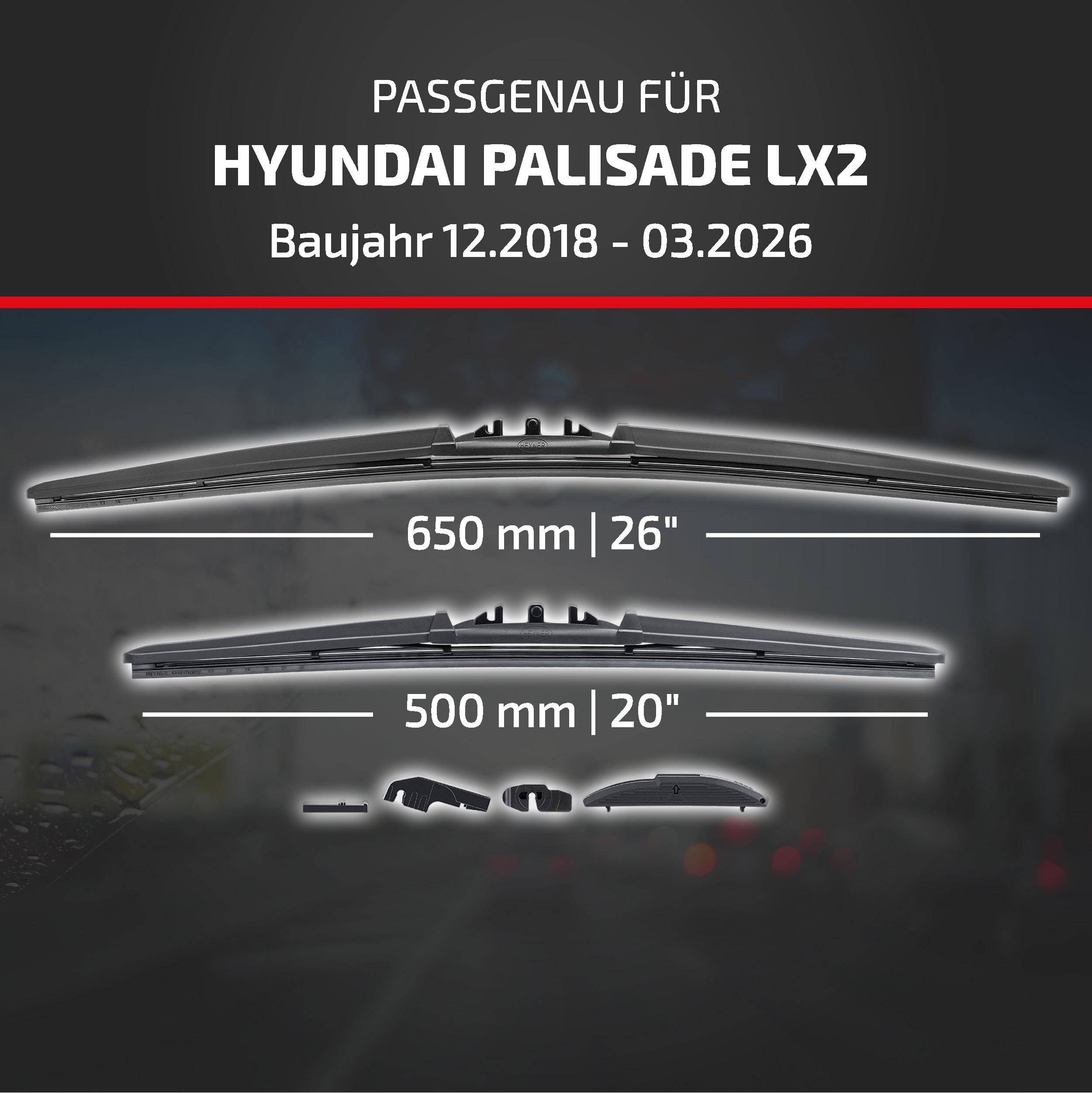 Wischblätter kompatibel mit Hyundai Palisade LX2, Modelljahre 12.2018–03.2026, erhältlich in den Größen 650 mm/26