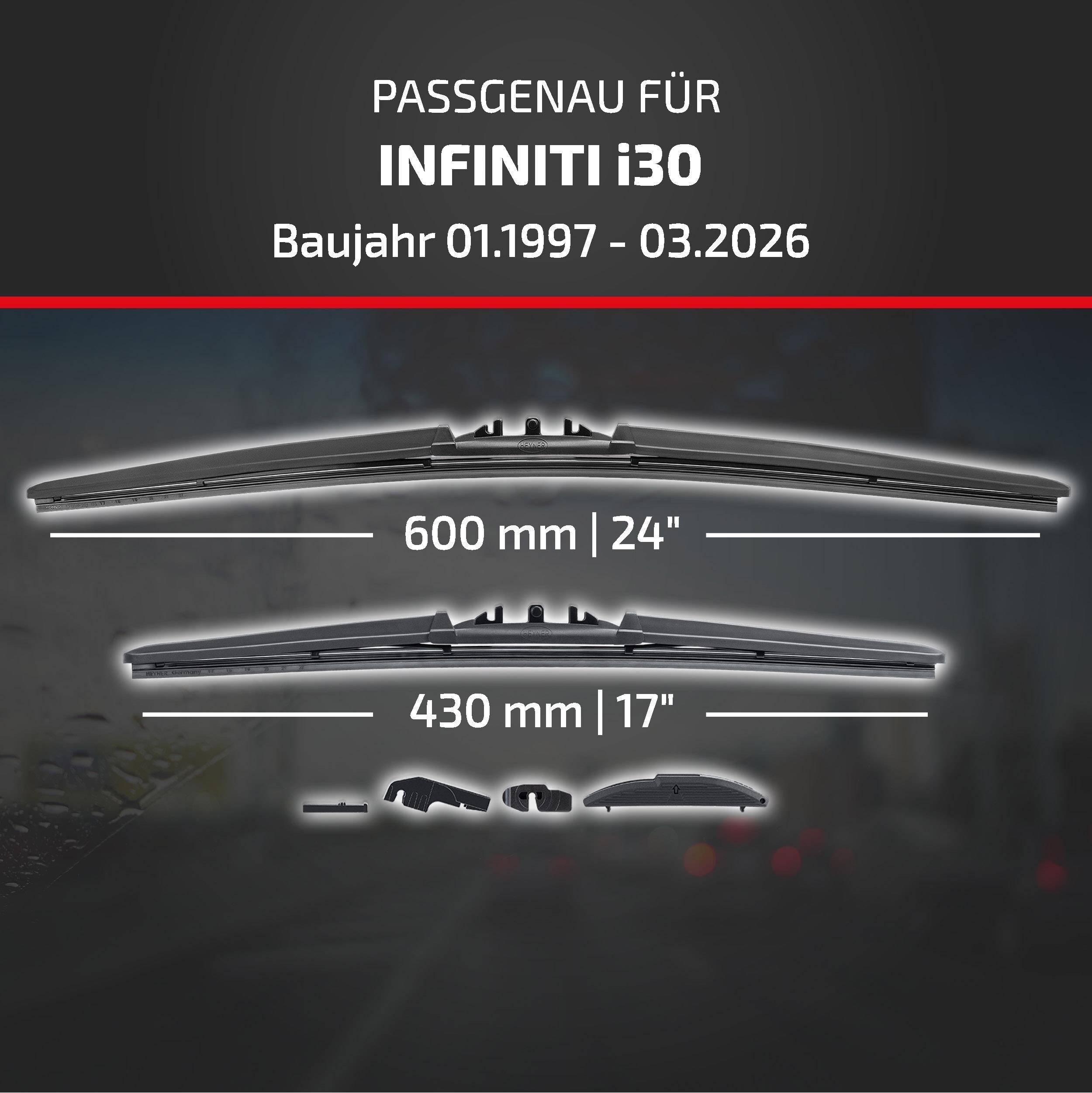 Grafik zur Kompatibilität von Scheibenwischern für Infiniti i30, Baujahre 01.1997–03.2026, mit Blattlängen von 600 mm (24