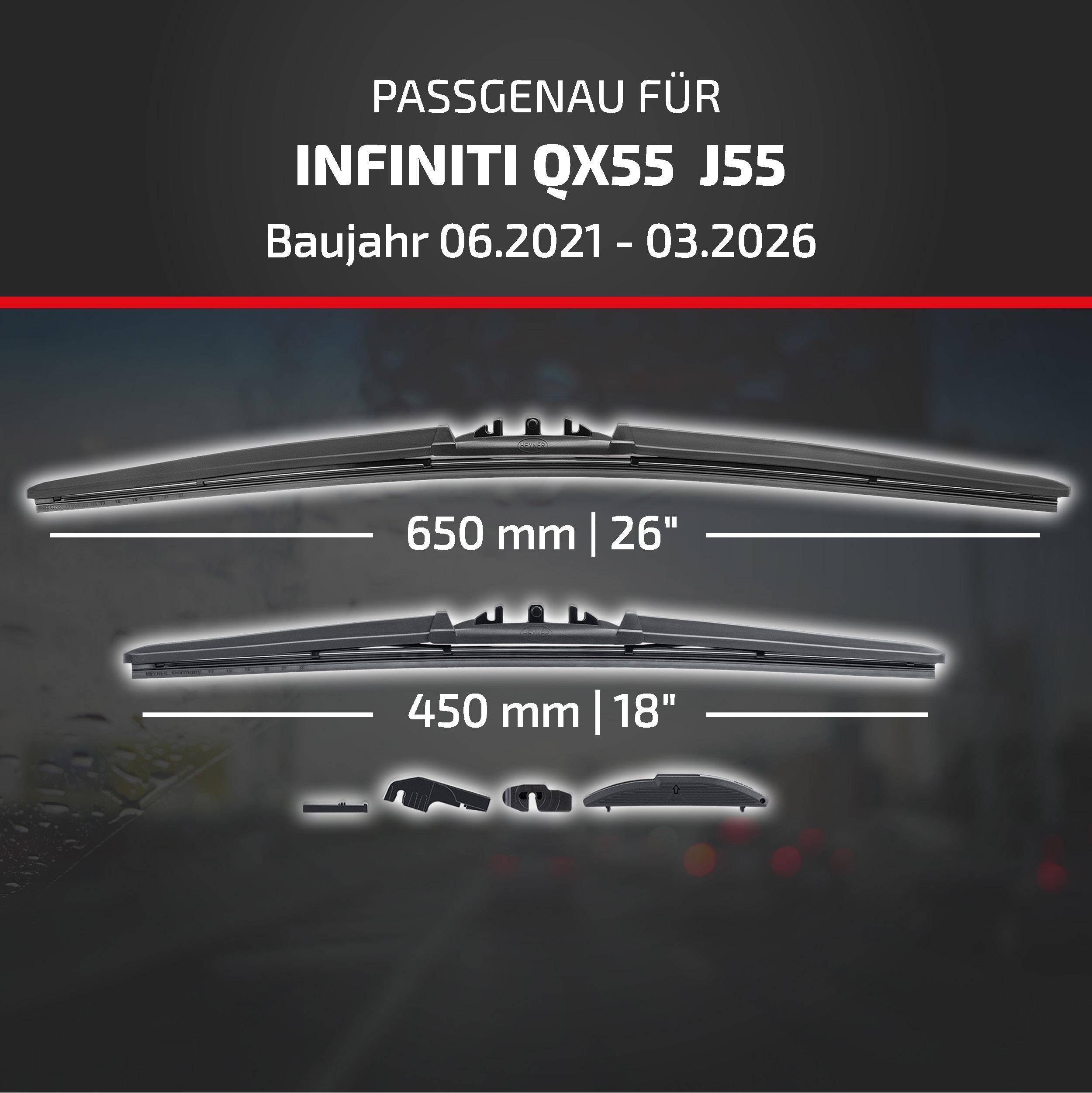 Kompatibilitätsgrafik für Infiniti QX55 und J55, Modelljahre 06/2021-03/2026, mit Wischergröße 650 mm (26