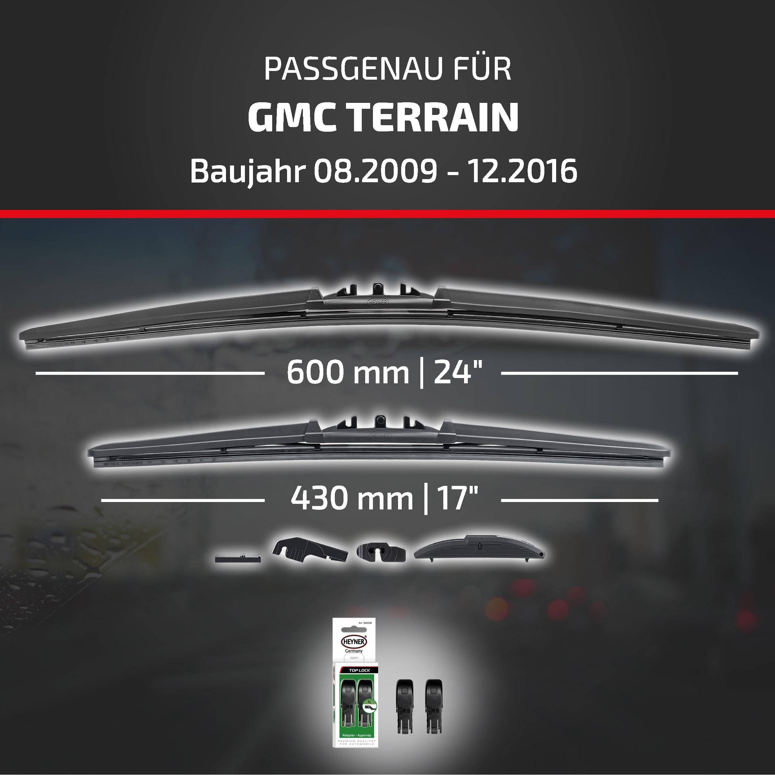 Illustration zeigt Wischblätter, die für GMC Terrain Modelle von 08/2009 bis 12/2016 geeignet sind, mit Größen 600 mm (24